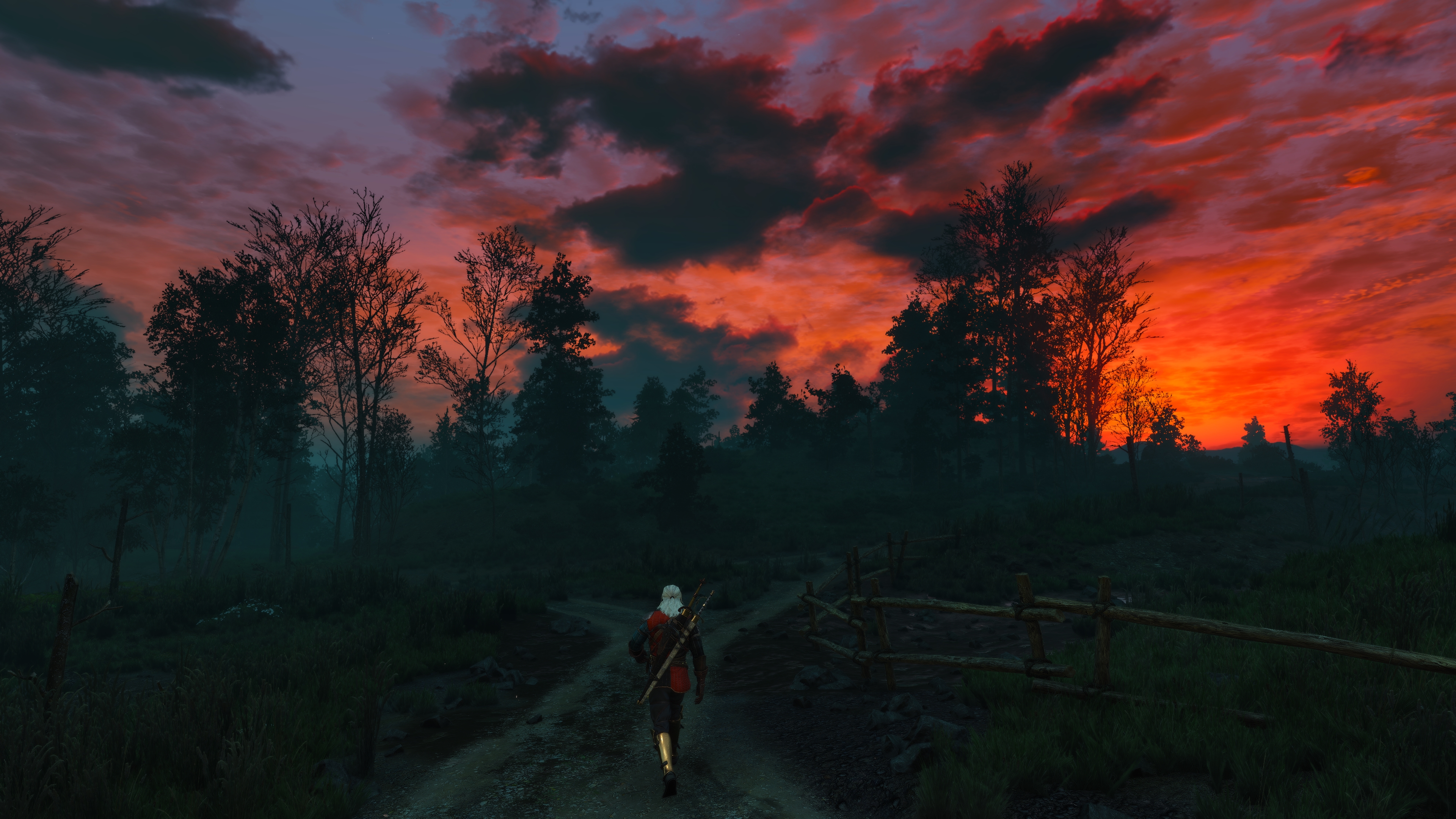 The Witcher 3 Wild Hunt Screen Shot PC Gaming Geralt Of Rivia Sunset Forest 3840x2160