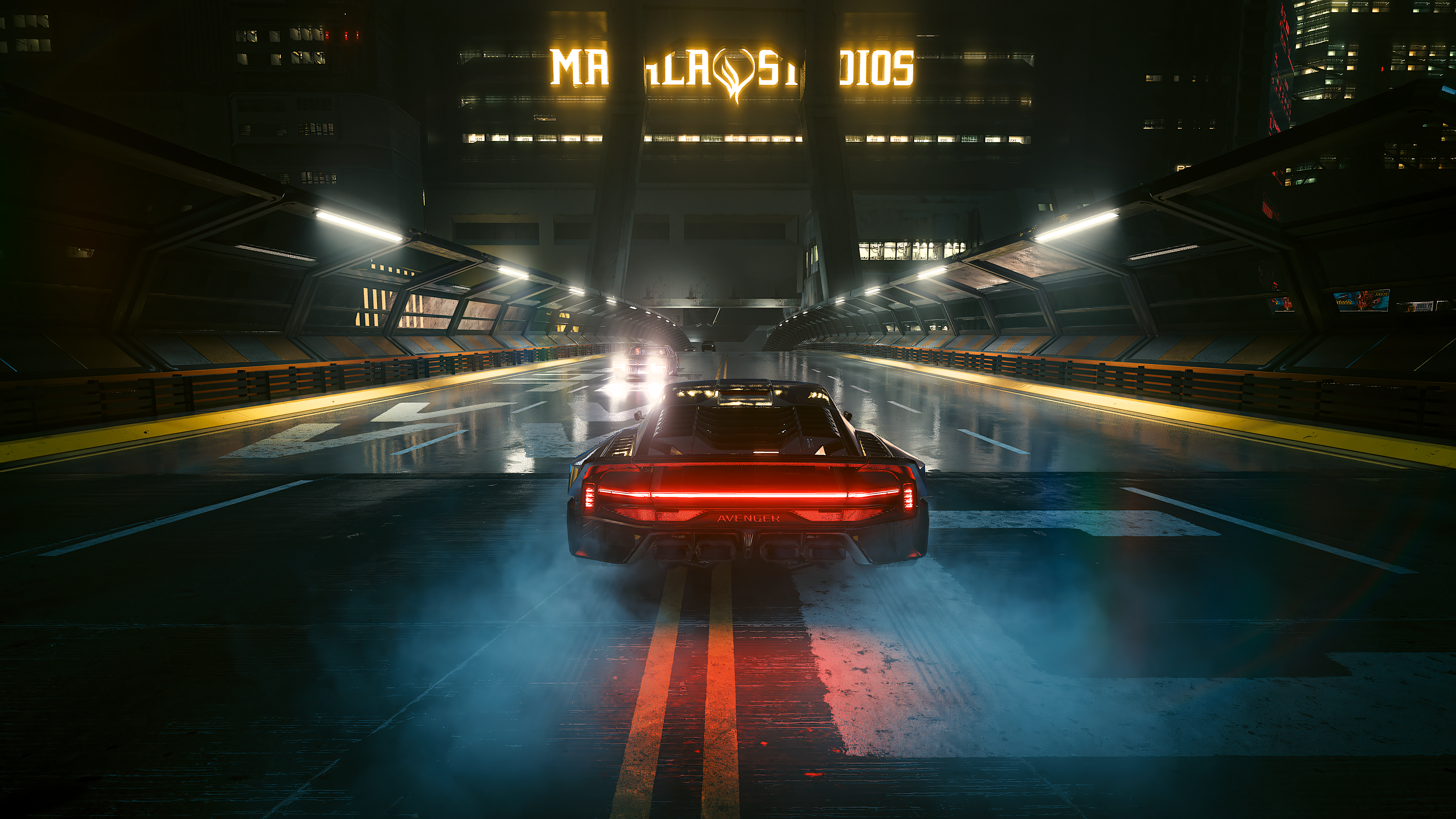 Dark Car Future Car Futuristic Futurism Road Line Art Bridge Cyberpunk Cyberpunk 2077 Lights Wet Roa 3840x2160