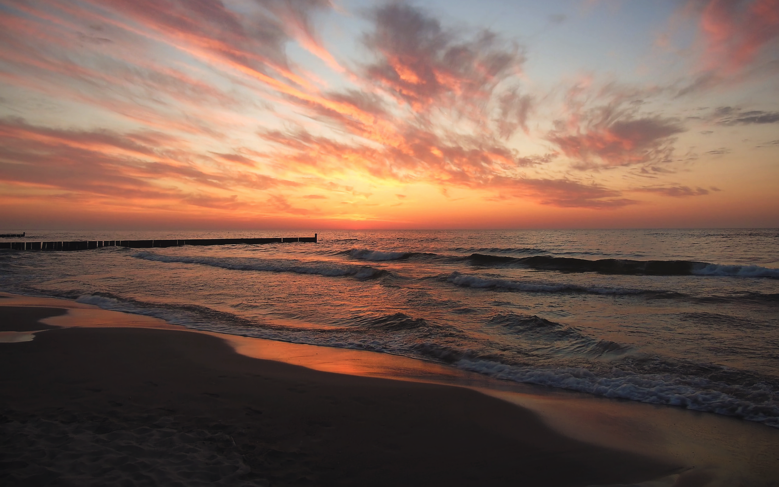 Sunset Sea Beach Water Dark Landscape Waves 2560x1600