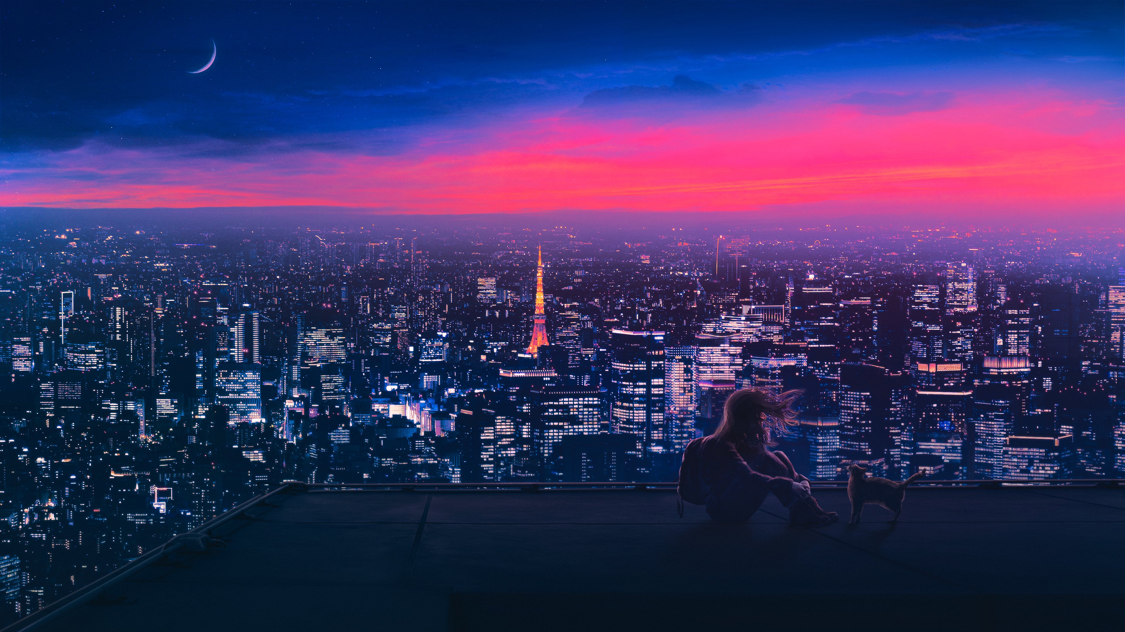 Digital Art Artwork Illustration City Cityscape Night Moon Sky Stars Rooftops Tokyo Cats Animals Wom 3840x2160