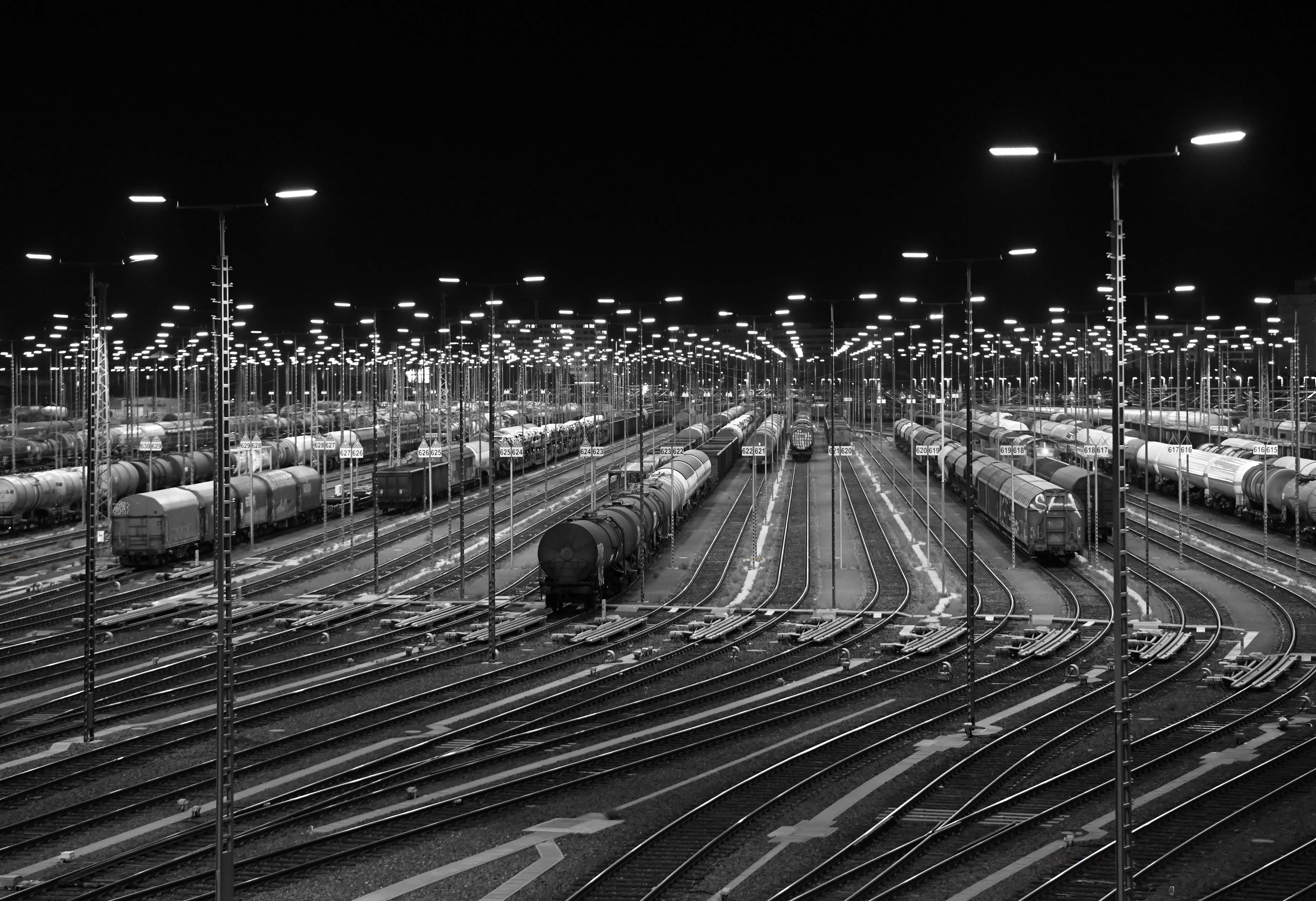 Landscape Train Rail Yard Train Switching Yard Rail Railway Lights Monochrome Night Germany 5583x3824