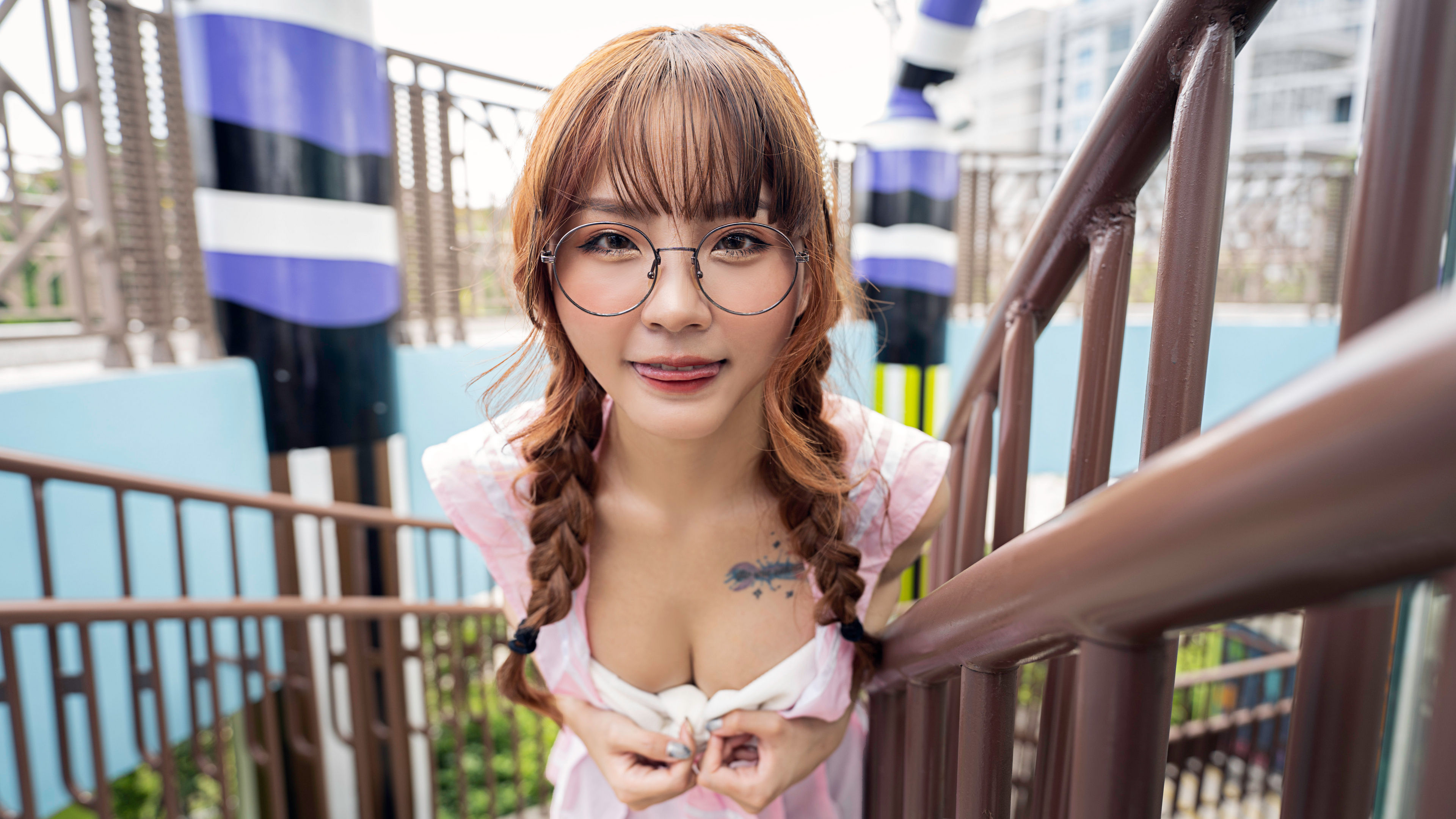 Asian Model Women Long Hair Dark Hair Tattoo Glasses Twintails 3840x2161