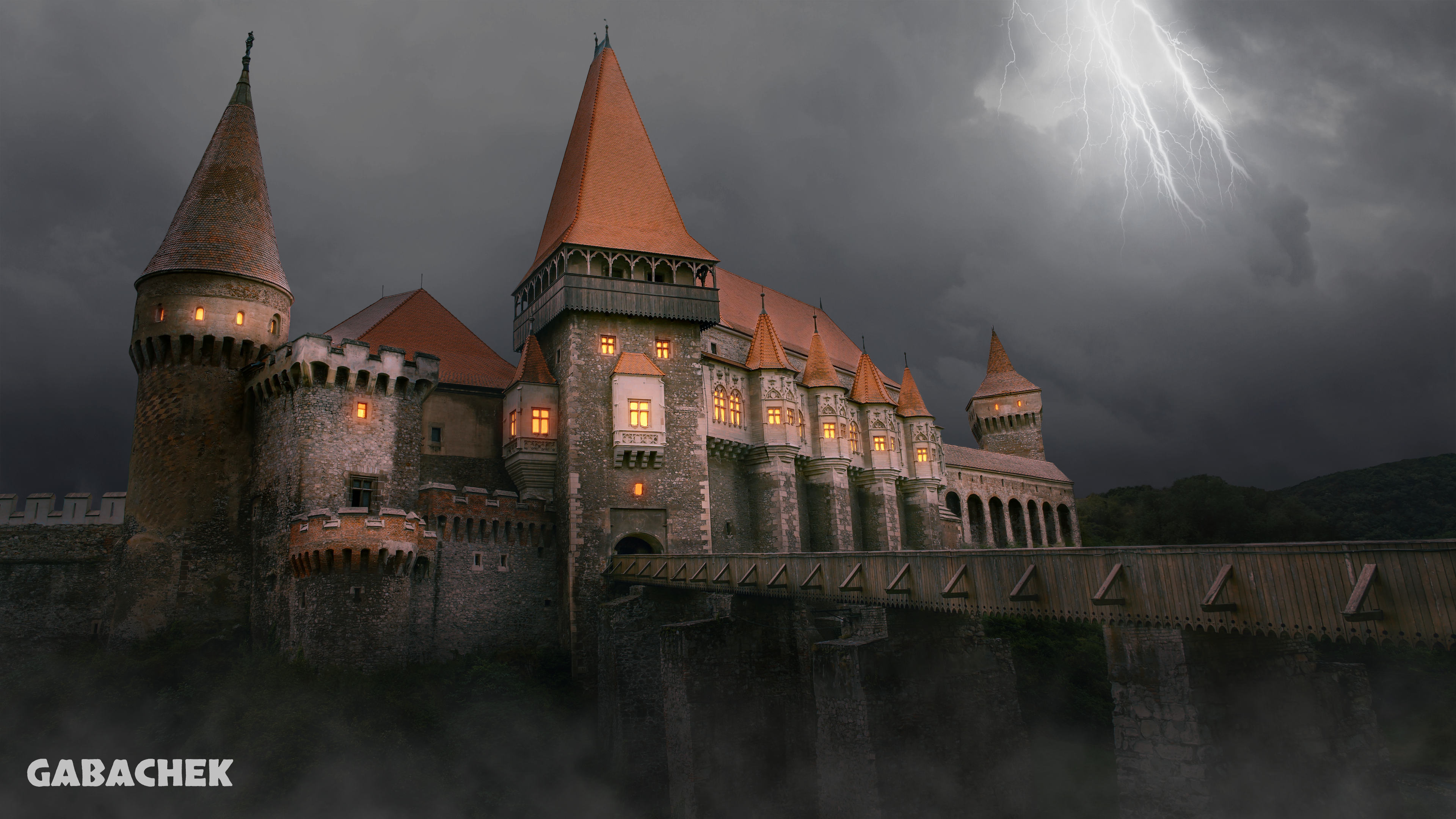 Gabachek Photo Manipulation CGi Castle Architecture Forest Night Lightning Clouds Tower Bridge Digit 3840x2160