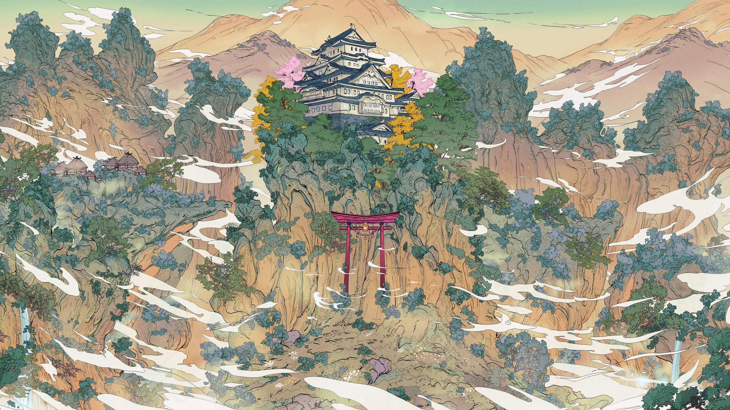Digital Art Christian Benavides Japanese Torii Landscape 2560x1440