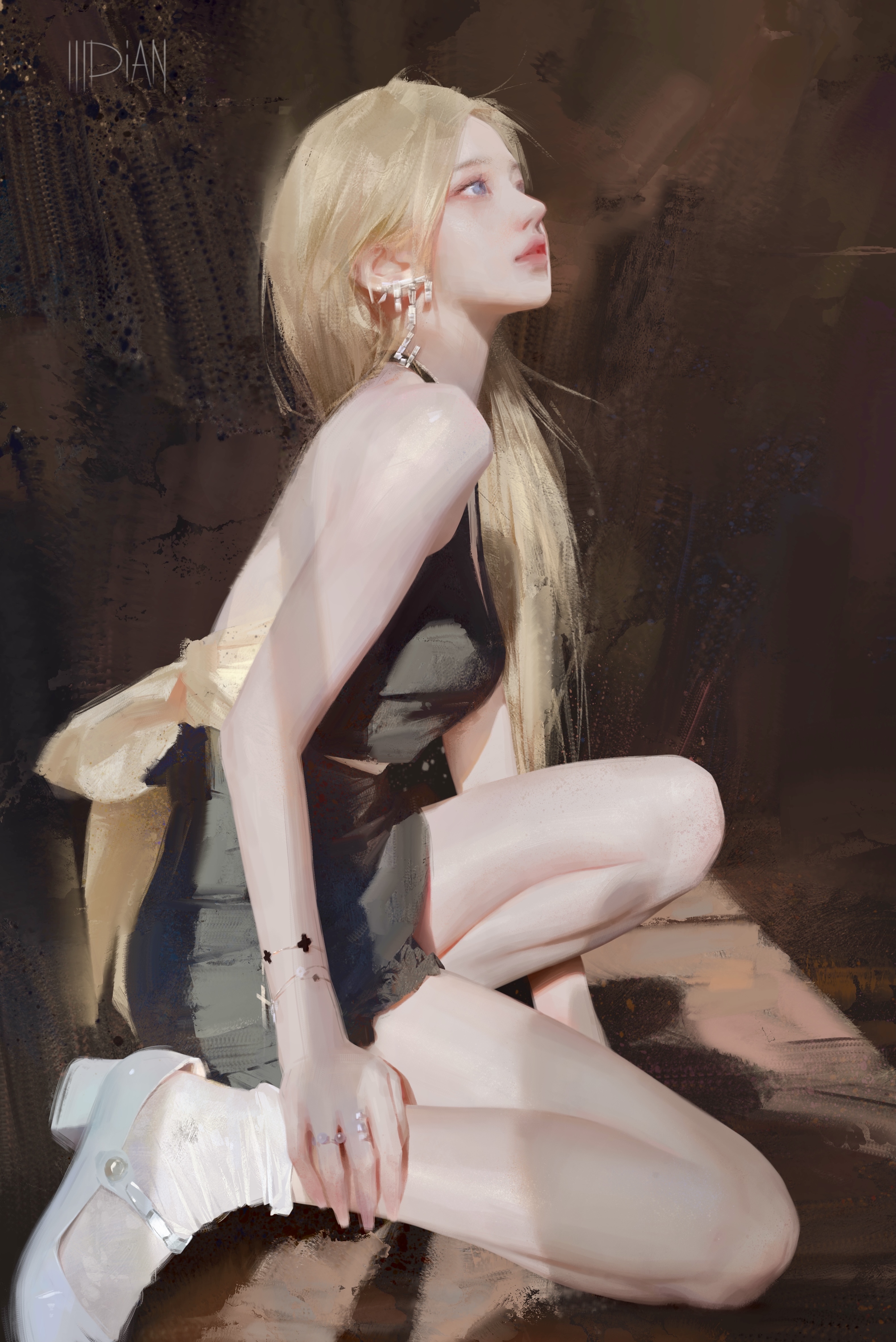 ILLDiAN Digital Art Artwork Illustration Painting Portrait Women Long Hair Blonde Pale Blue Eyes Ear 3155x4724