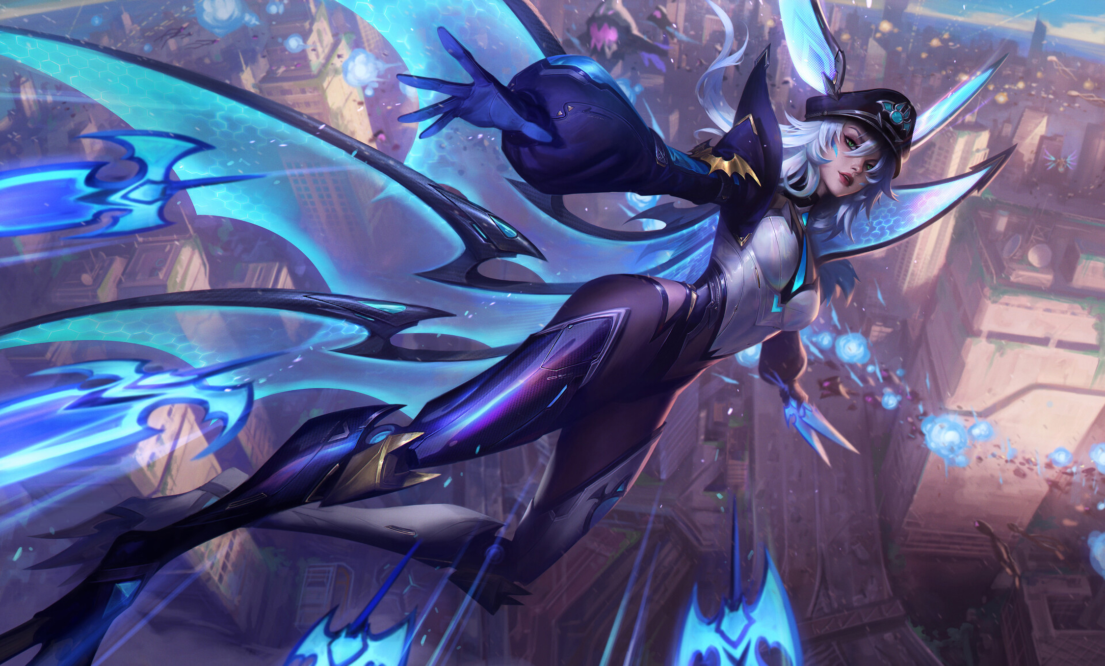 Bo Chen Drawing Xayah League Of Legends Wings Flying Cityscape League Of Legends 2252x1357