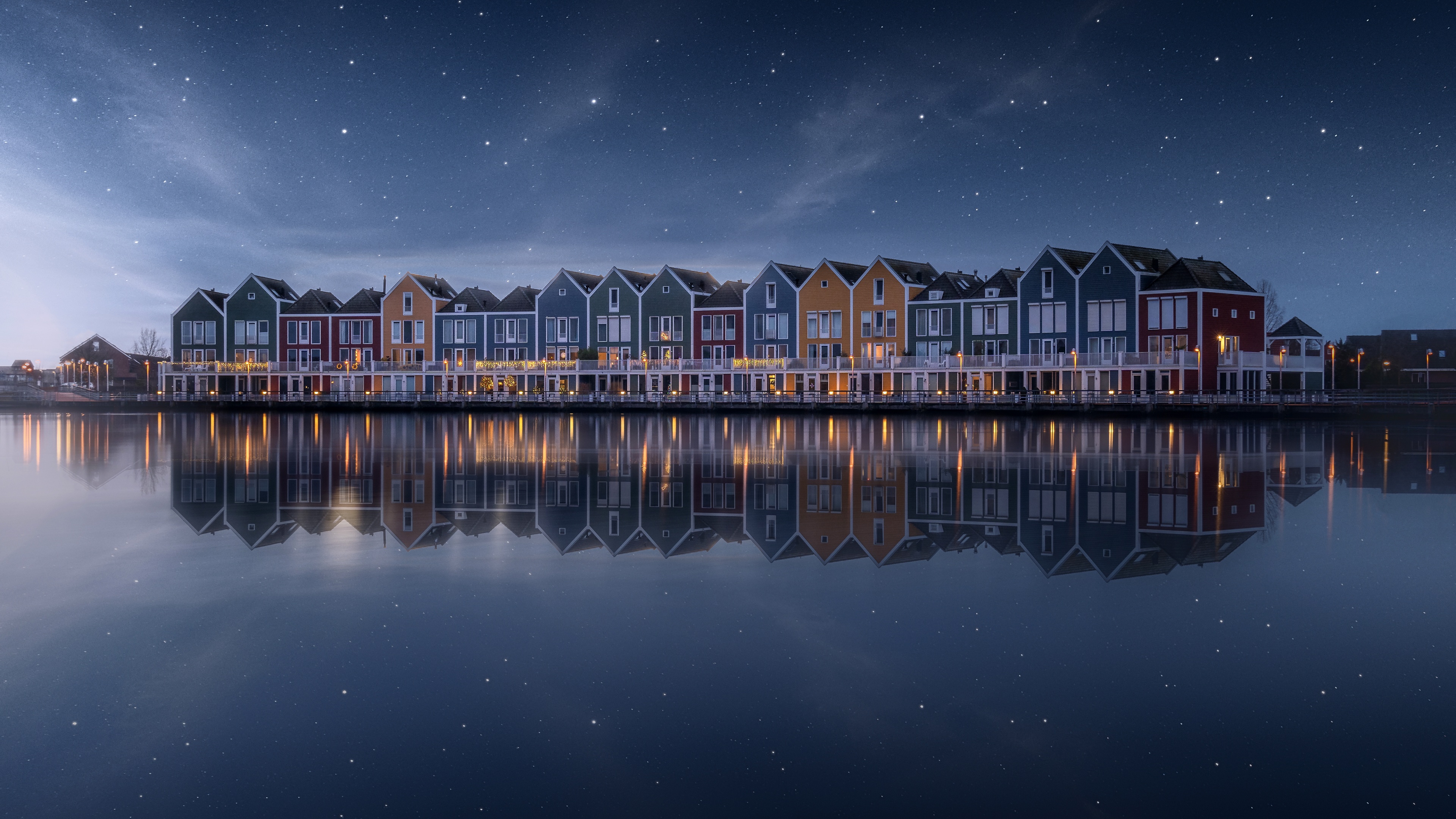 Photography House Water Reflection Lake Colorful Stars Sky Netherlands Europe Starred Sky Night 4K 3840x2160