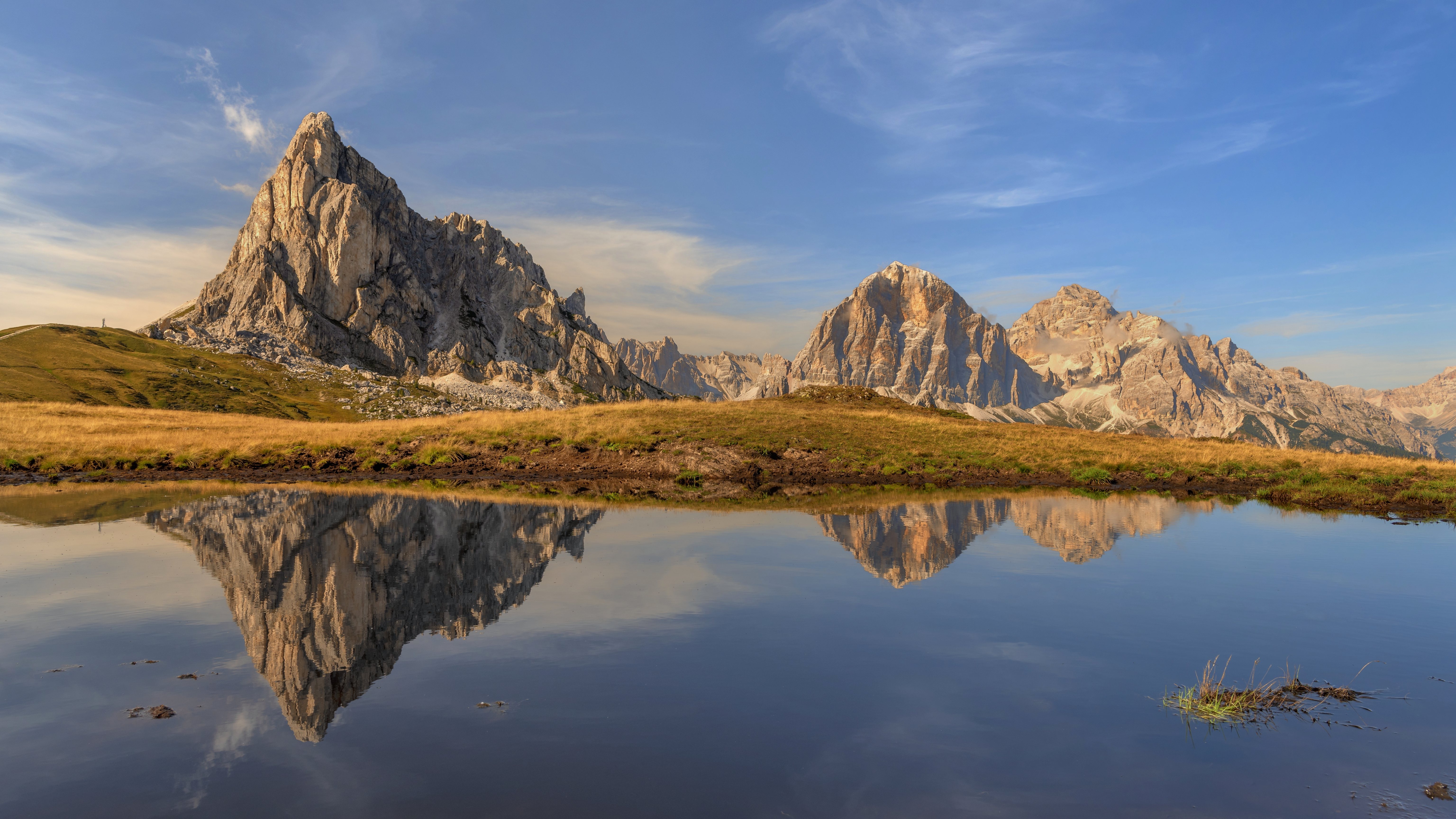 Nature Landscape Sky Clouds Mountains Grass Water Reflection Rocks Dolomites Italy 6144x3456