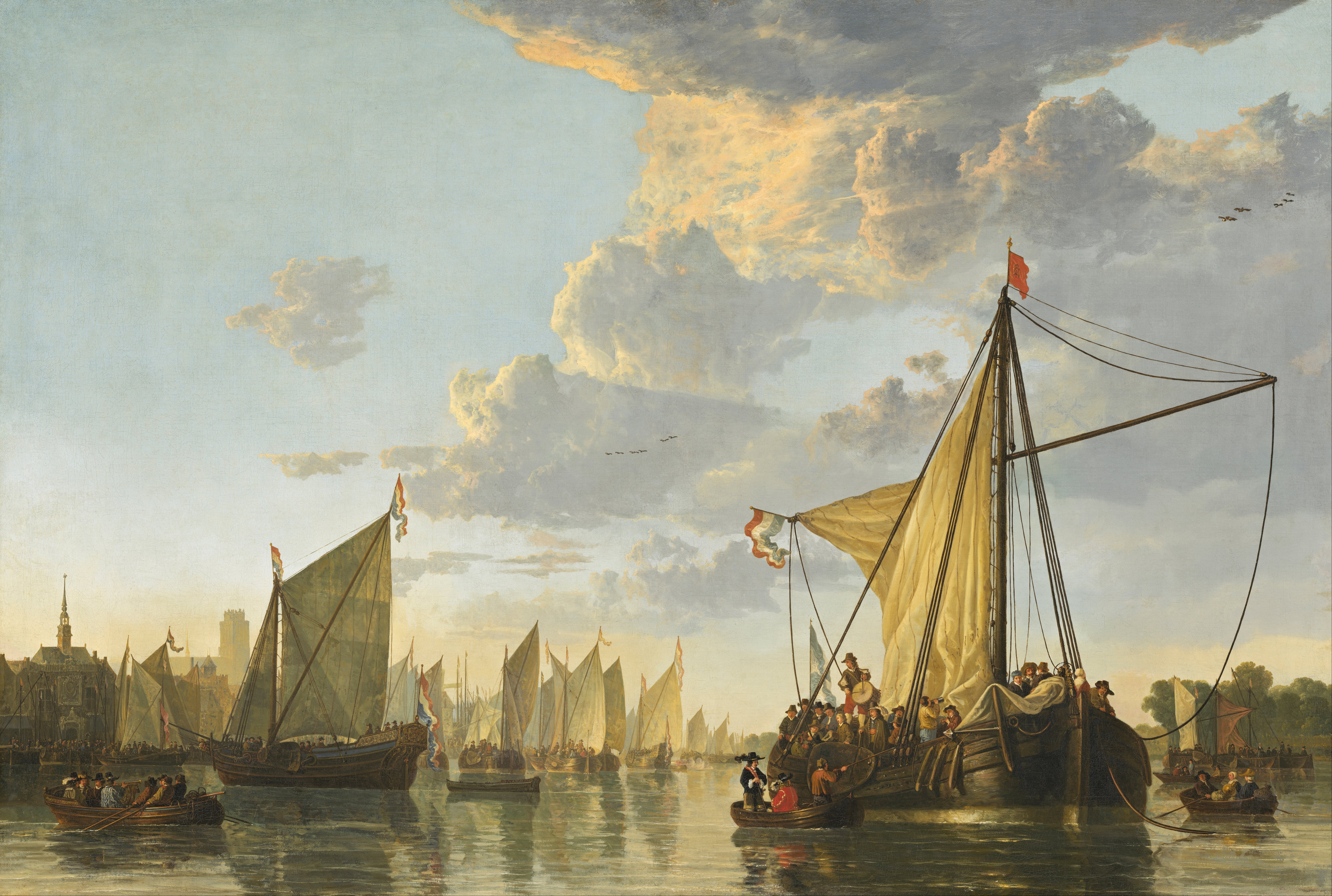 Aelbert Cuyp Artwork Painting Sailboats Boat Sunrise Oil On Canvas Oil Painting Soldier Fleet Clouds 7276x4895