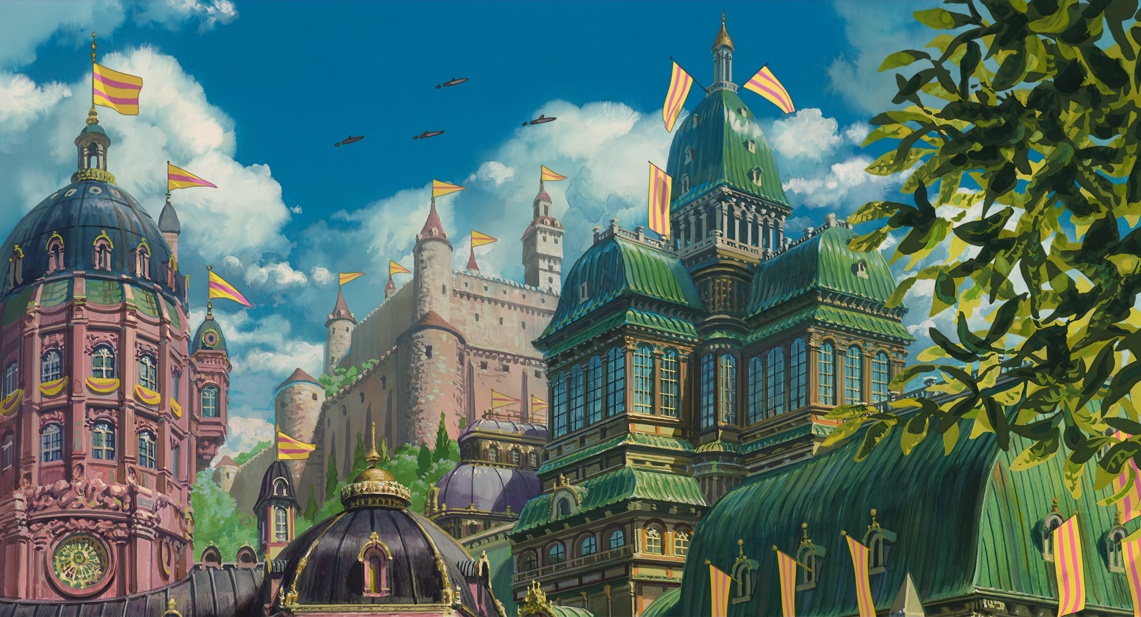 Howls Moving Castle Studio Ghibli Anime Clouds City Architecture Castle Flag Sky 3840x2076