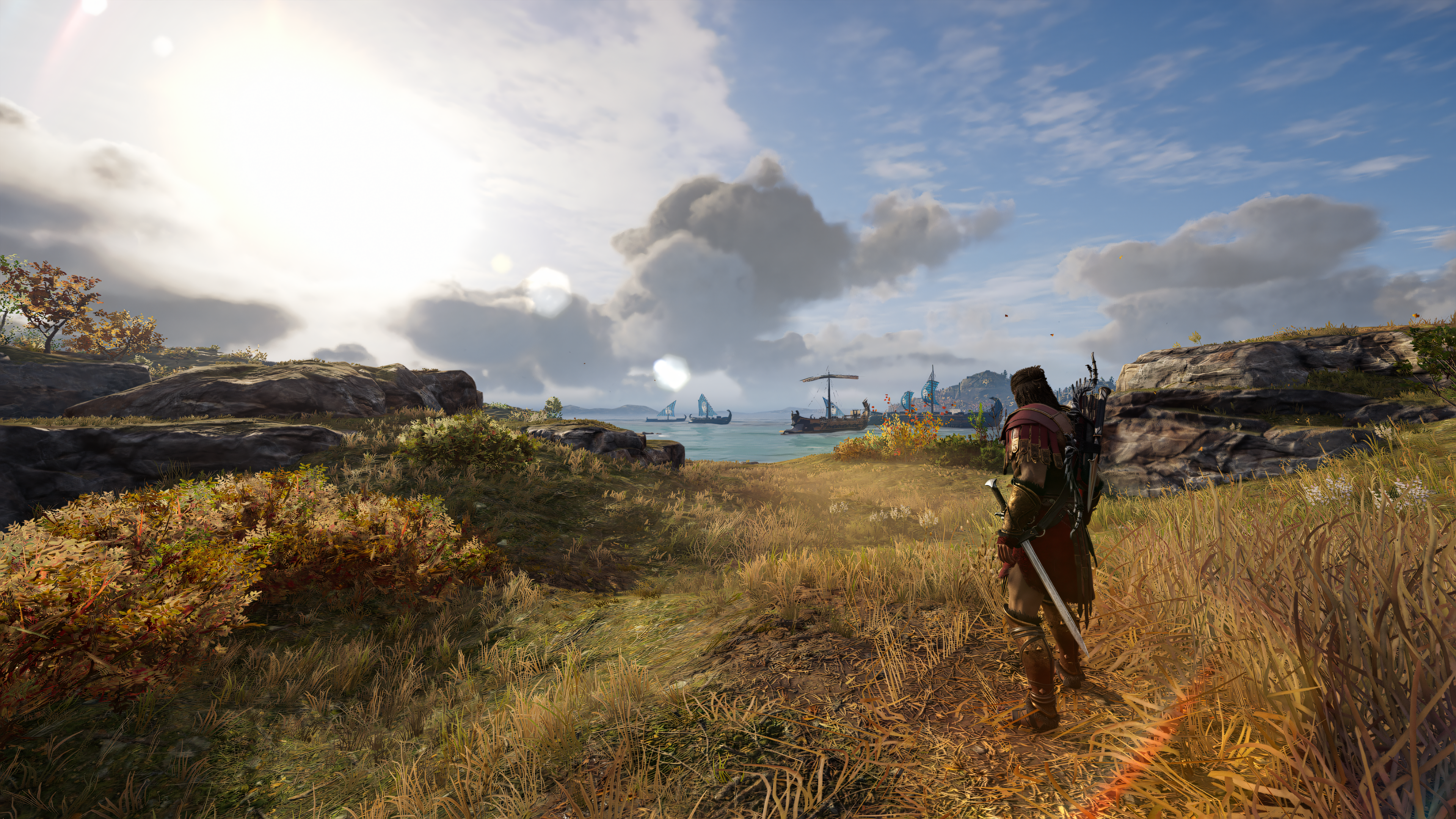 Assassins Creed Assassins Creed Odyssey Video Games Ship Boat Grass Alexios Sun Rays Clouds 3840x2160