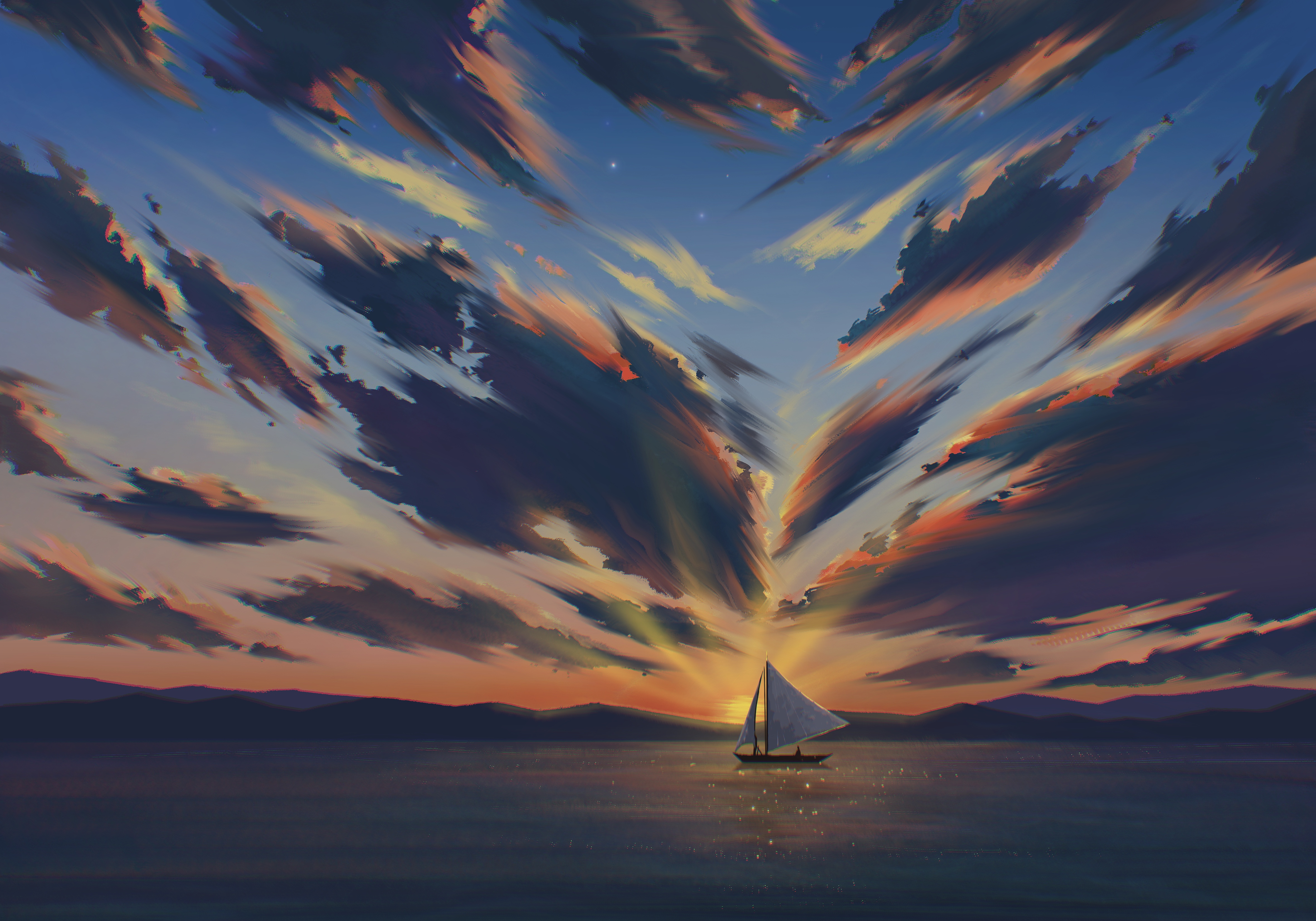 Digital Art Artwork Illustration Painting Landscape Clouds Sea Water Boat Sailing Ship Sunset Sky 4724x3307