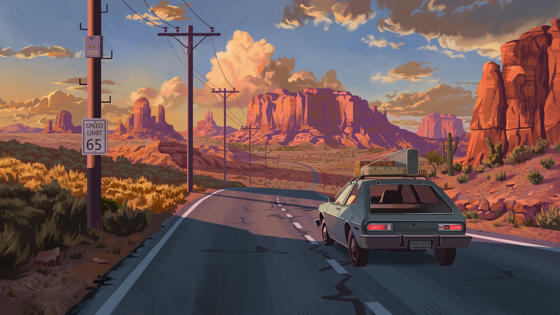 Digital Art Car Illusion Roadtrip Road Sunset Nature Peaceful Clouds Canyon Road Sign 1920x1080