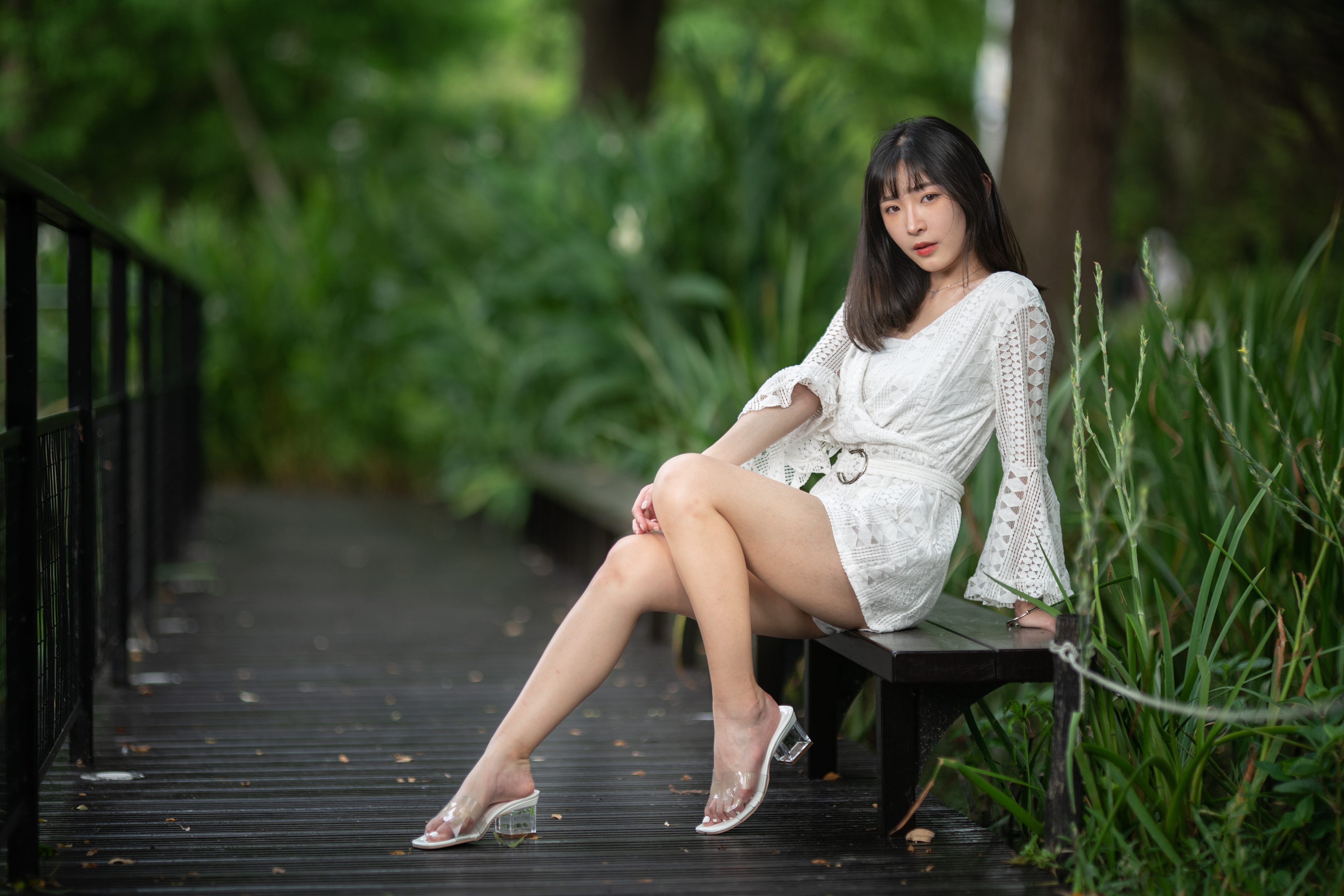 Asian Model Women Long Hair Dark Hair Depth Of Field Barefoot Sandal Sitting 3840x2561