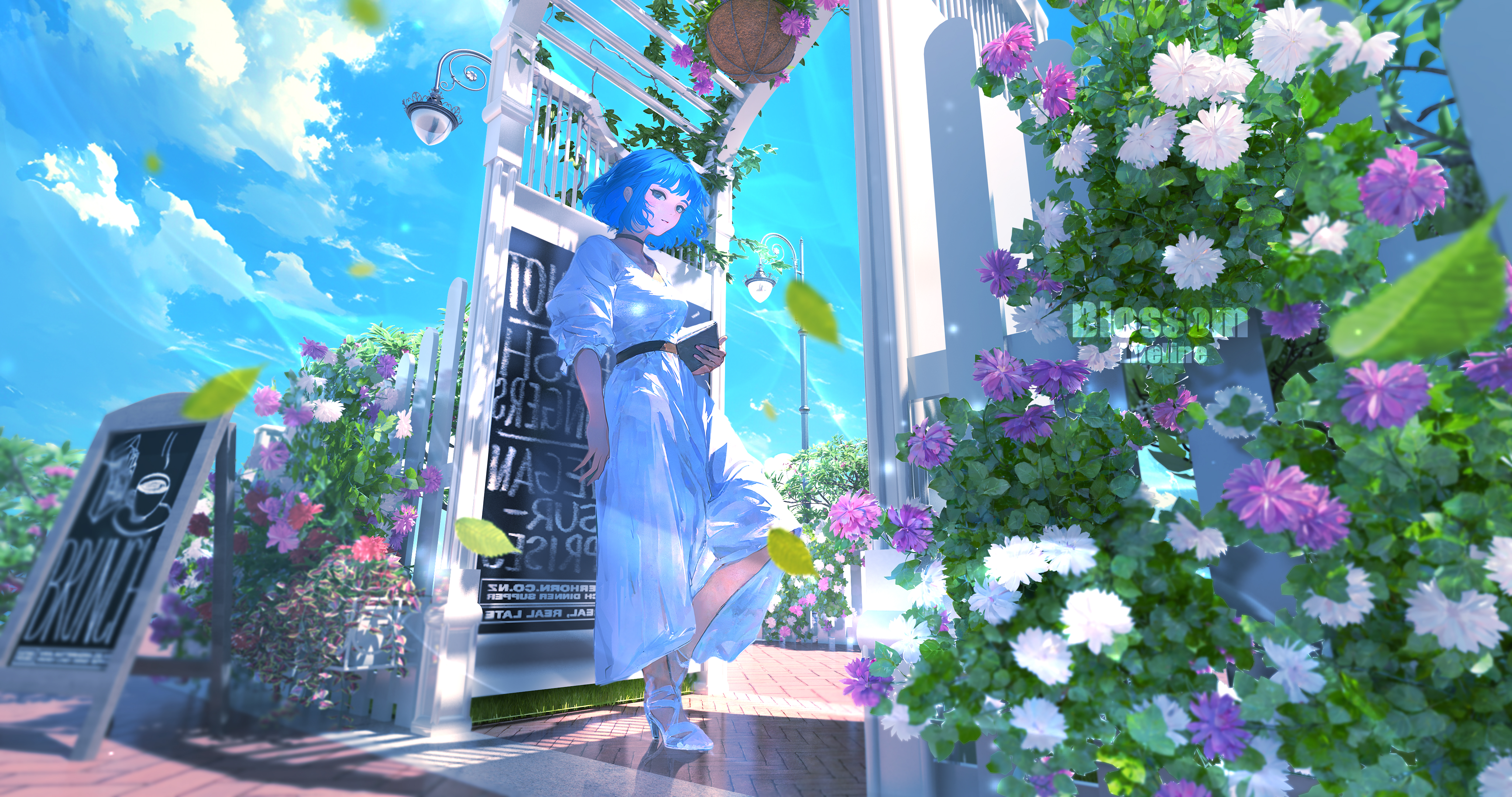 Lifeline Dress Sky Flowers Women Outdoors Looking At Viewer Clouds Anime Girls Street Light High Hee 4096x2160