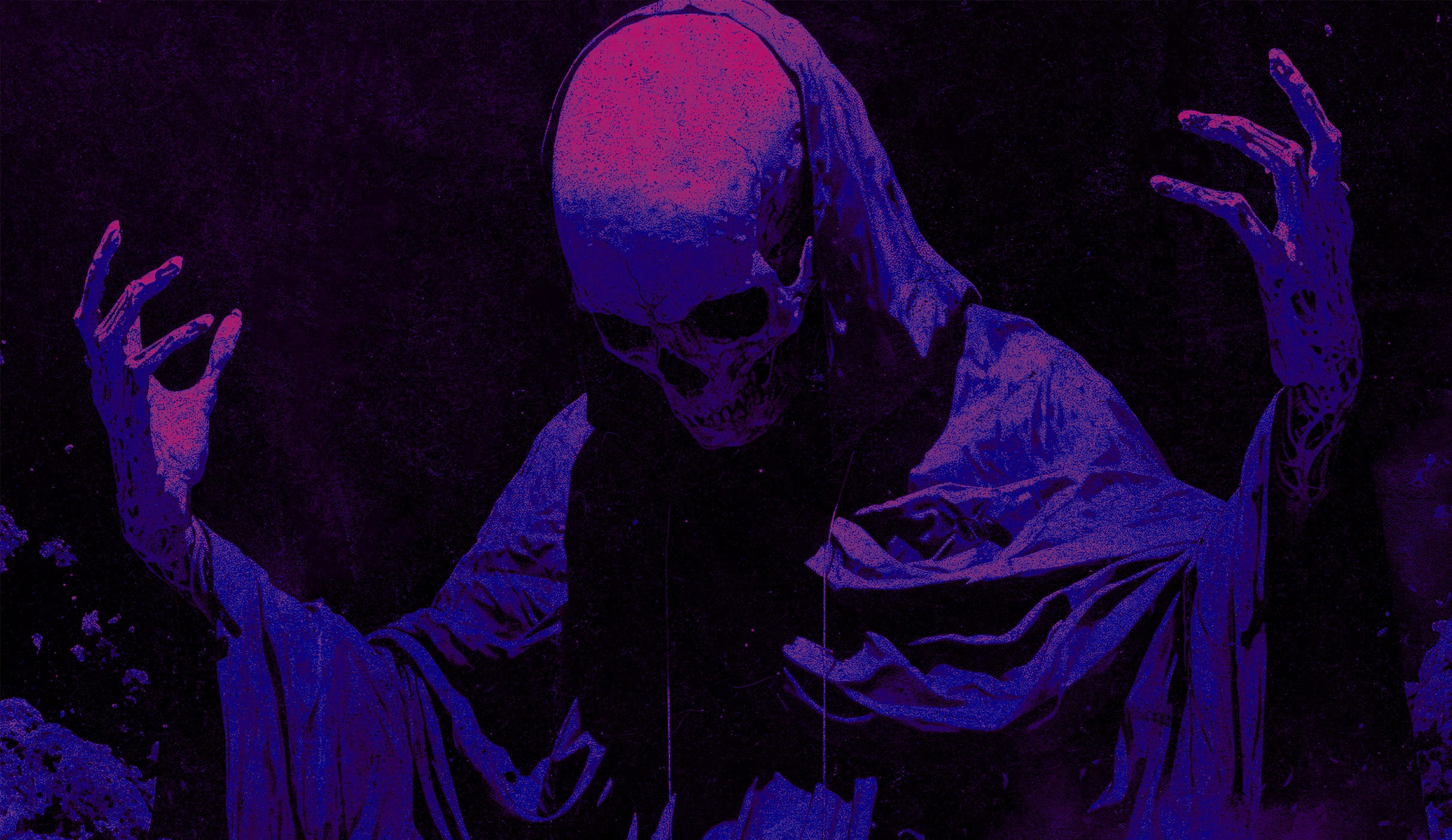 Digital Art Looking Below Dark Fantasy Noise Cape Skull Of The Dead Death Neon Synthwave 2427x1404
