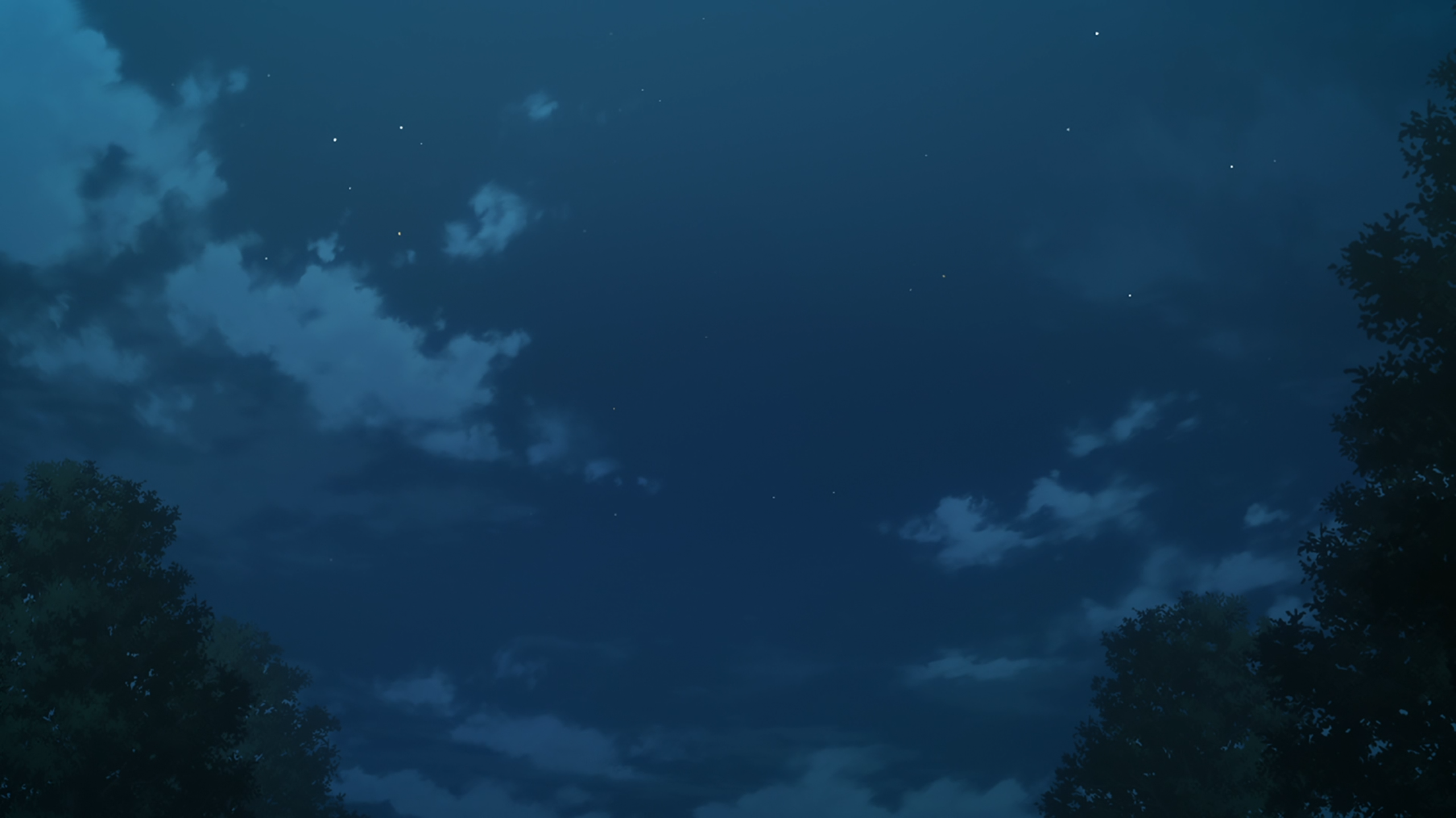 RoshiDere Anime Night Sky Trees Calm Clouds Stars 2560x1440