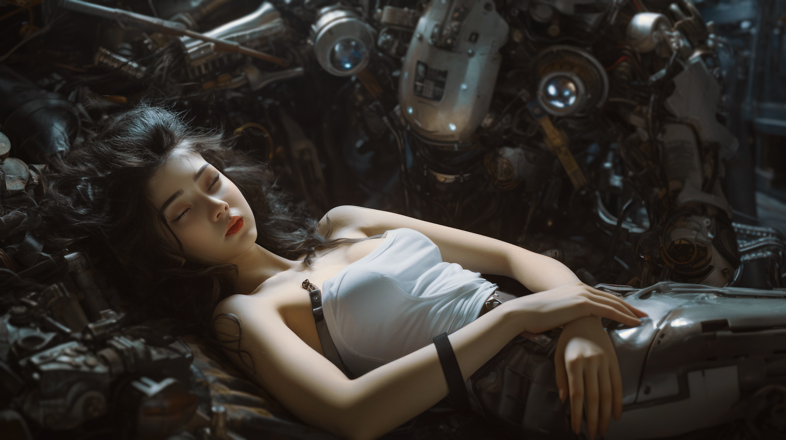 Digital Art Artwork Illustration CGi Women Long Hair Dark Hair Closed Eyes Asian Lying Down Sleeping 3000x1681