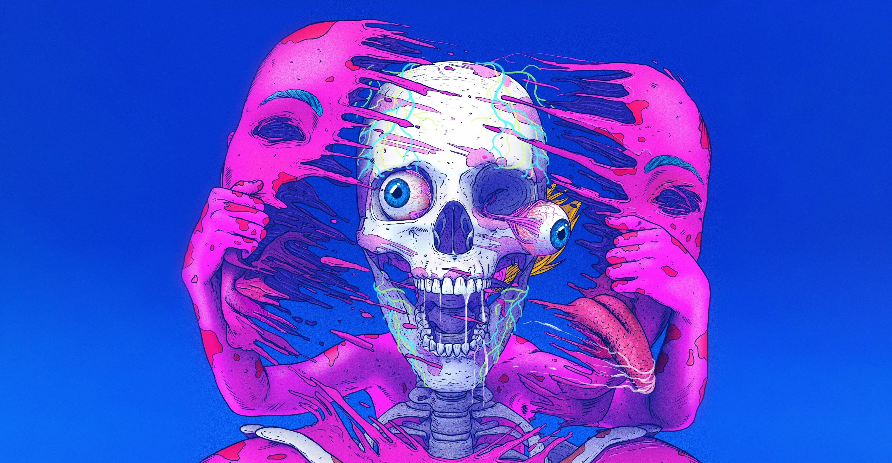 Blue Skeleton Decay Skull Surreal Illustration Creepy Pink Nick Sullo 3000x1560