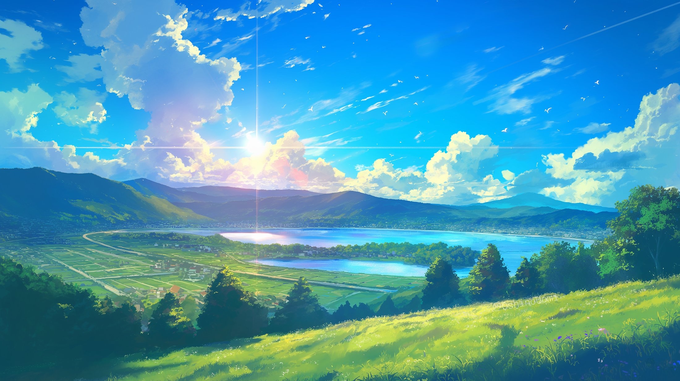 Anime Artwork Landscape Digital Art Clouds Sky Trees Grass Far View Lake Road Sunlight Mountains Uom 2200x1233