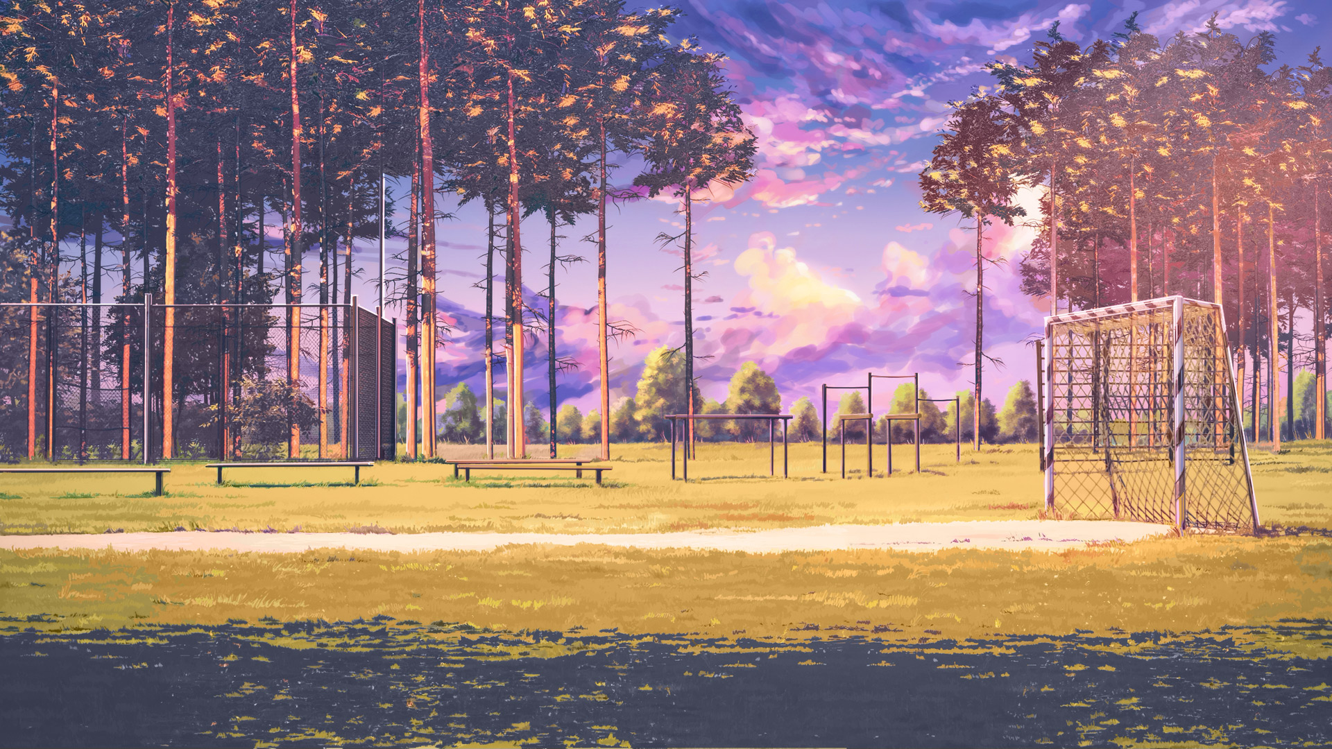 Anime Artwork Sunset Garden Bench Grass Soccer Field Outdoors Everlasting Summer Visual Novel 1920x1080