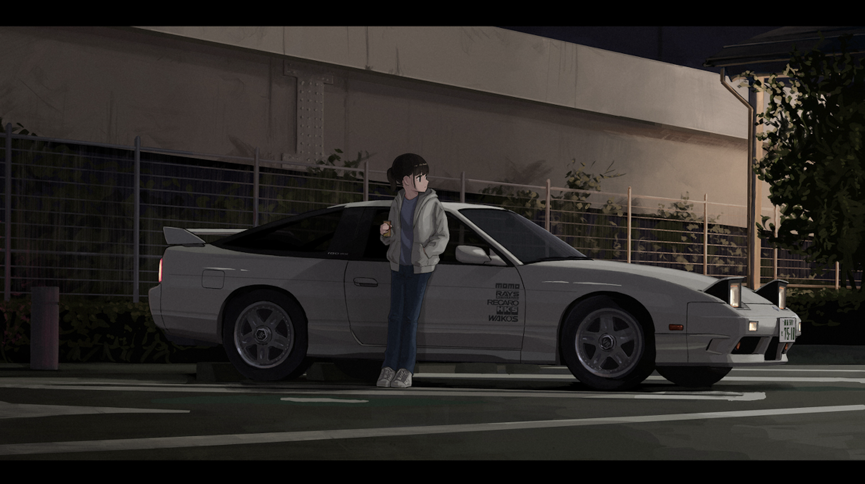 Illustration Artwork Anime Girls Nissan Nissan 180SX Ponytail White Hoodie Japanese Cars Night White 2994x1676