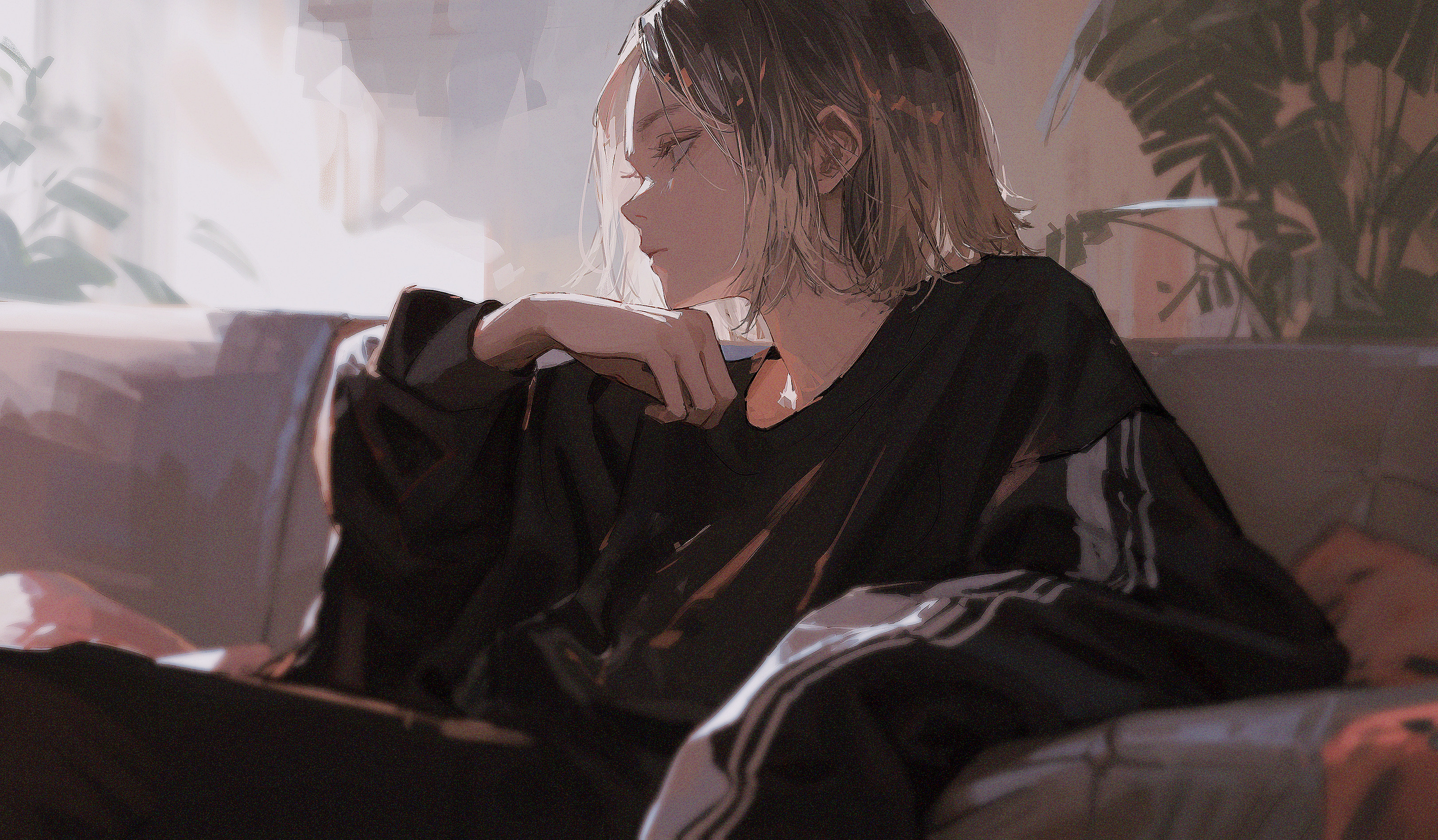 Anime Anime Girls Kozume Kenma Haikyuu Blonde Short Hair Sitting Couch Looking Away 3245x1895