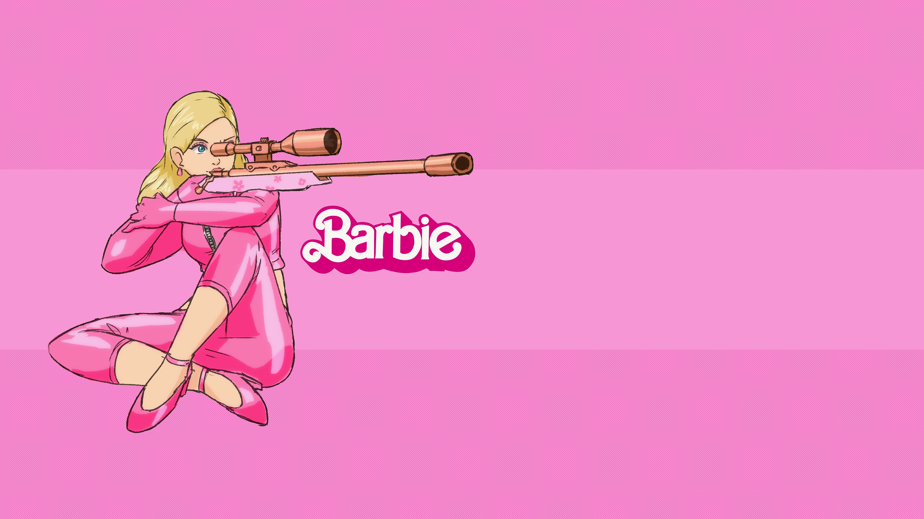 Long Hair Barbie Barbie 2023 Blonde Sniper Rifle Weapon Gun Rifles Blue Eyes Pink Shoes Simple Backg 3840x2160