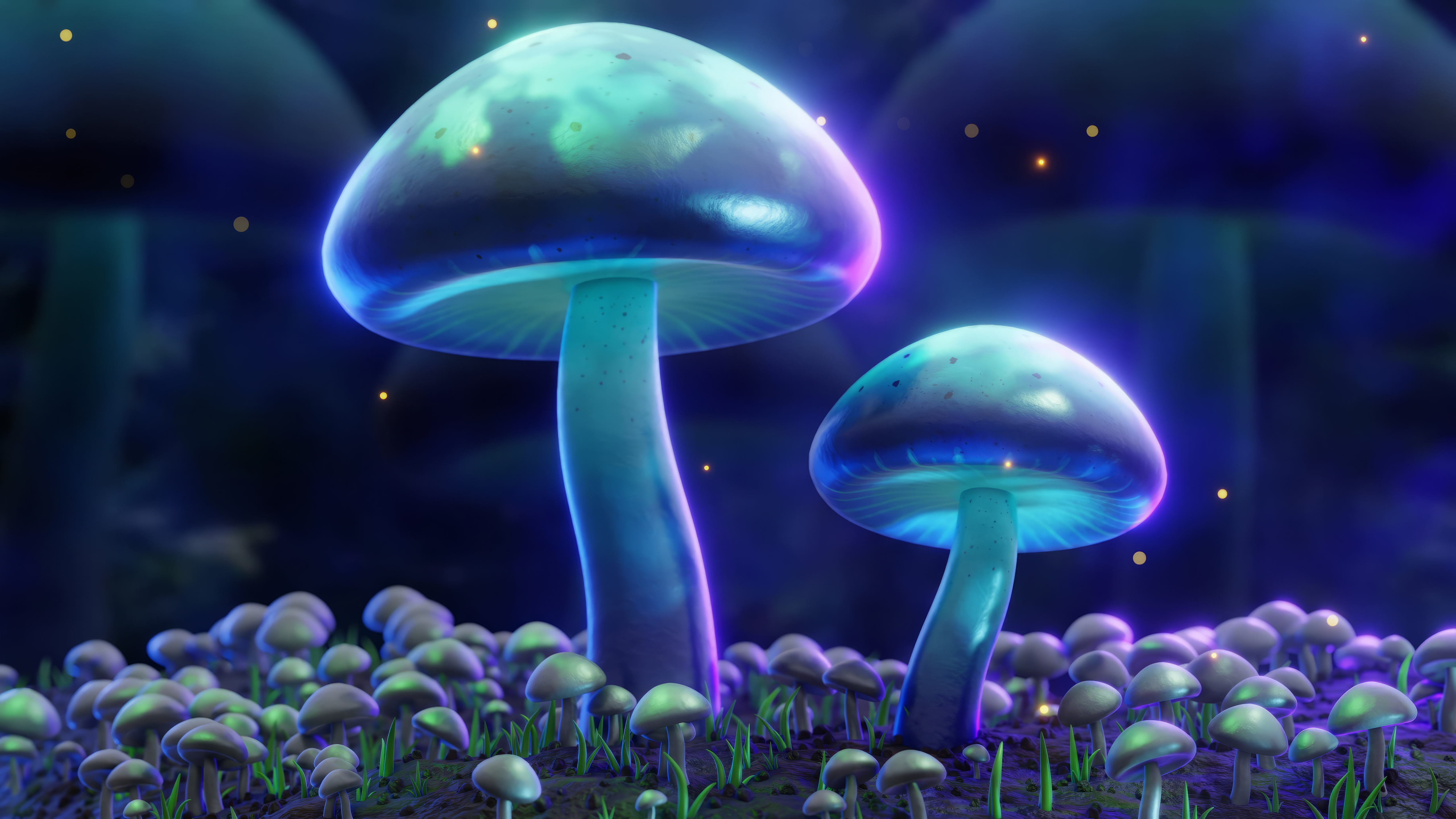 Mushroom Neon Bright Turquoise Blue Night CGi Grass 5120x2880