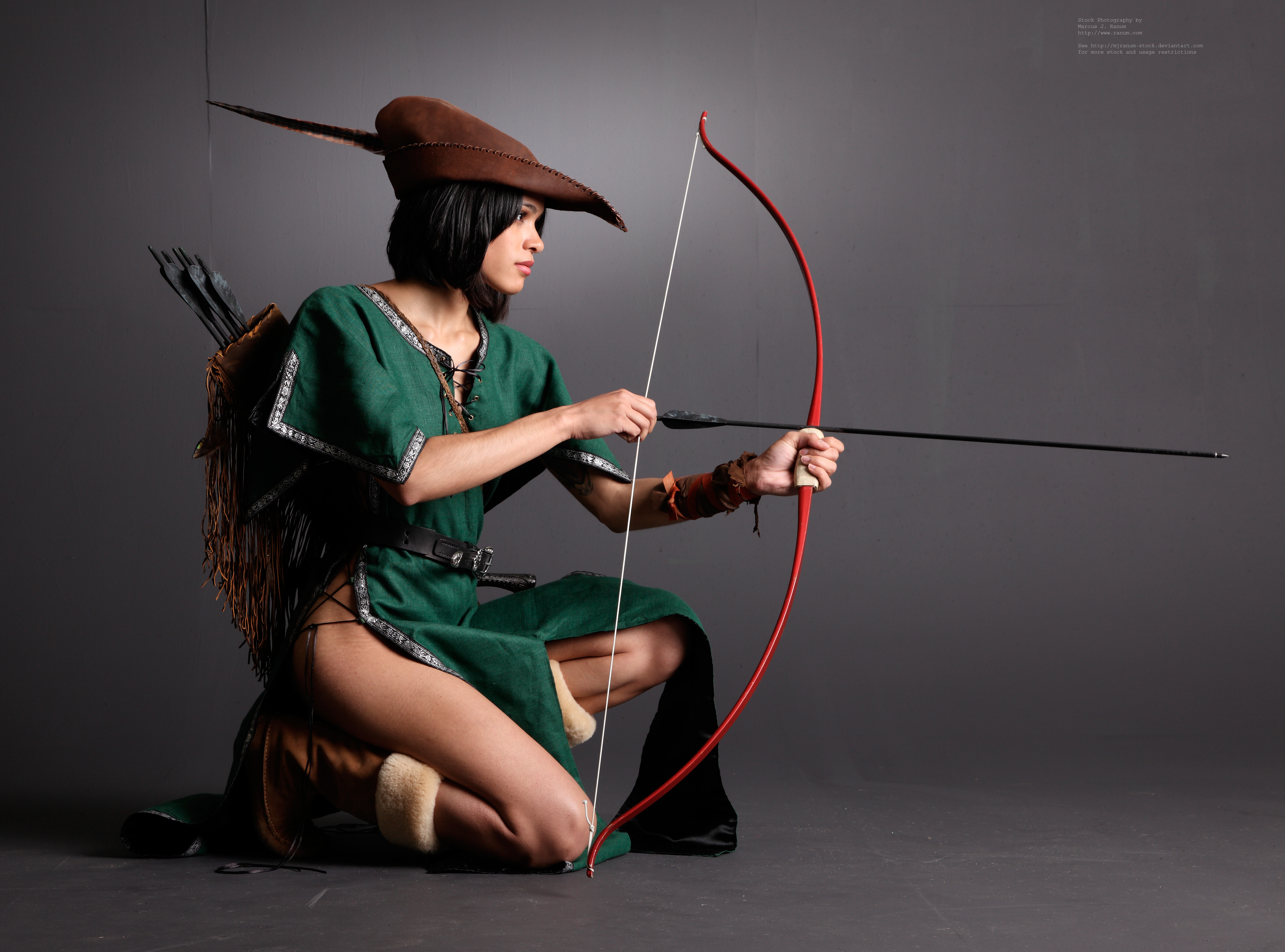 Model Women Archer Archery Bow And Arrow Robin Hood Legs Hat Feather Split Dress Boots Studio Marcus 4818x3570