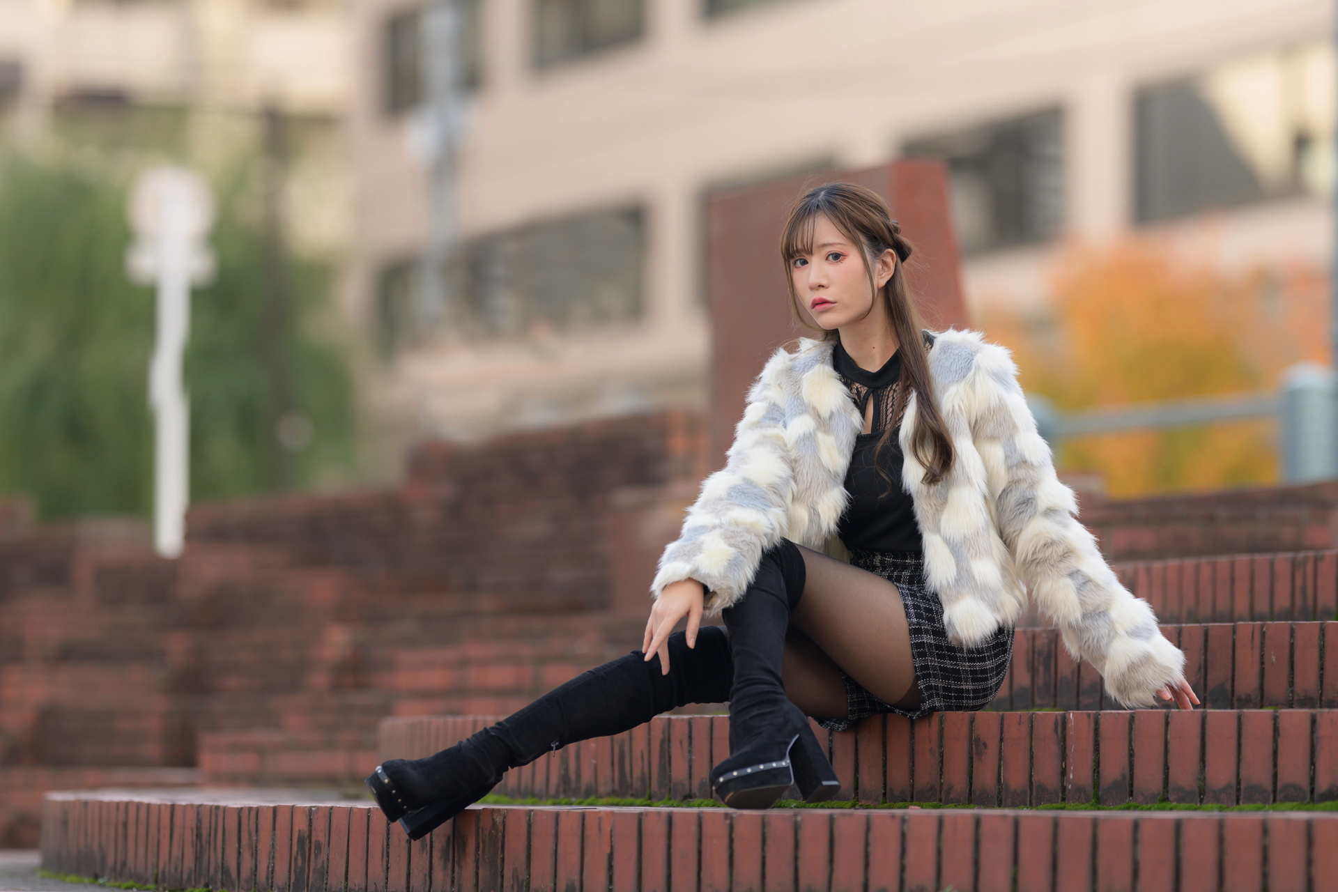 Asian Model Women Long Hair Dark Hair Sitting Knee High Boots Nylons 1920x1280