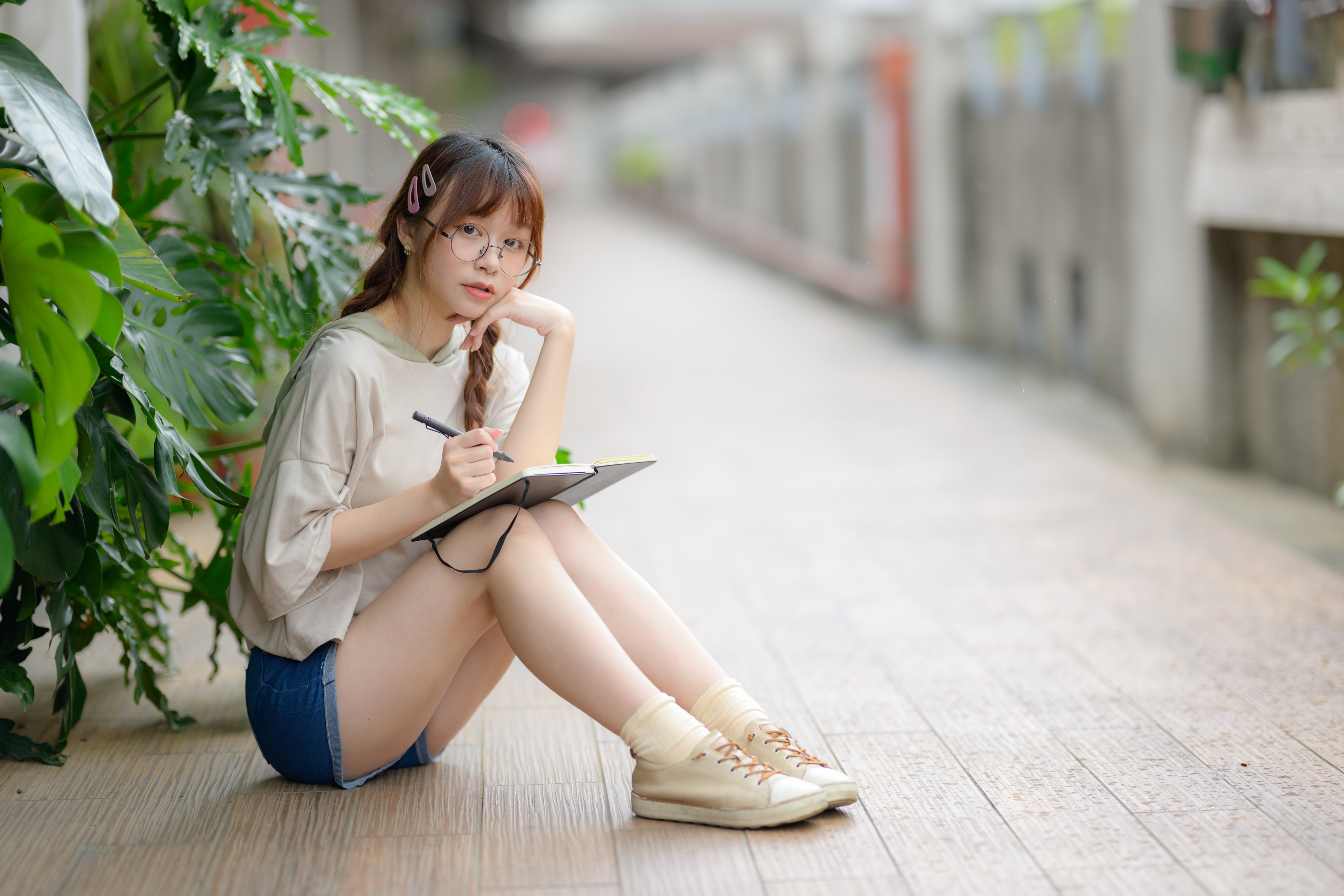 Asian Model Women Long Hair Dark Hair Sitting Twintails Braids Hairpins Socks Tan Socks Short Socks  3840x2560