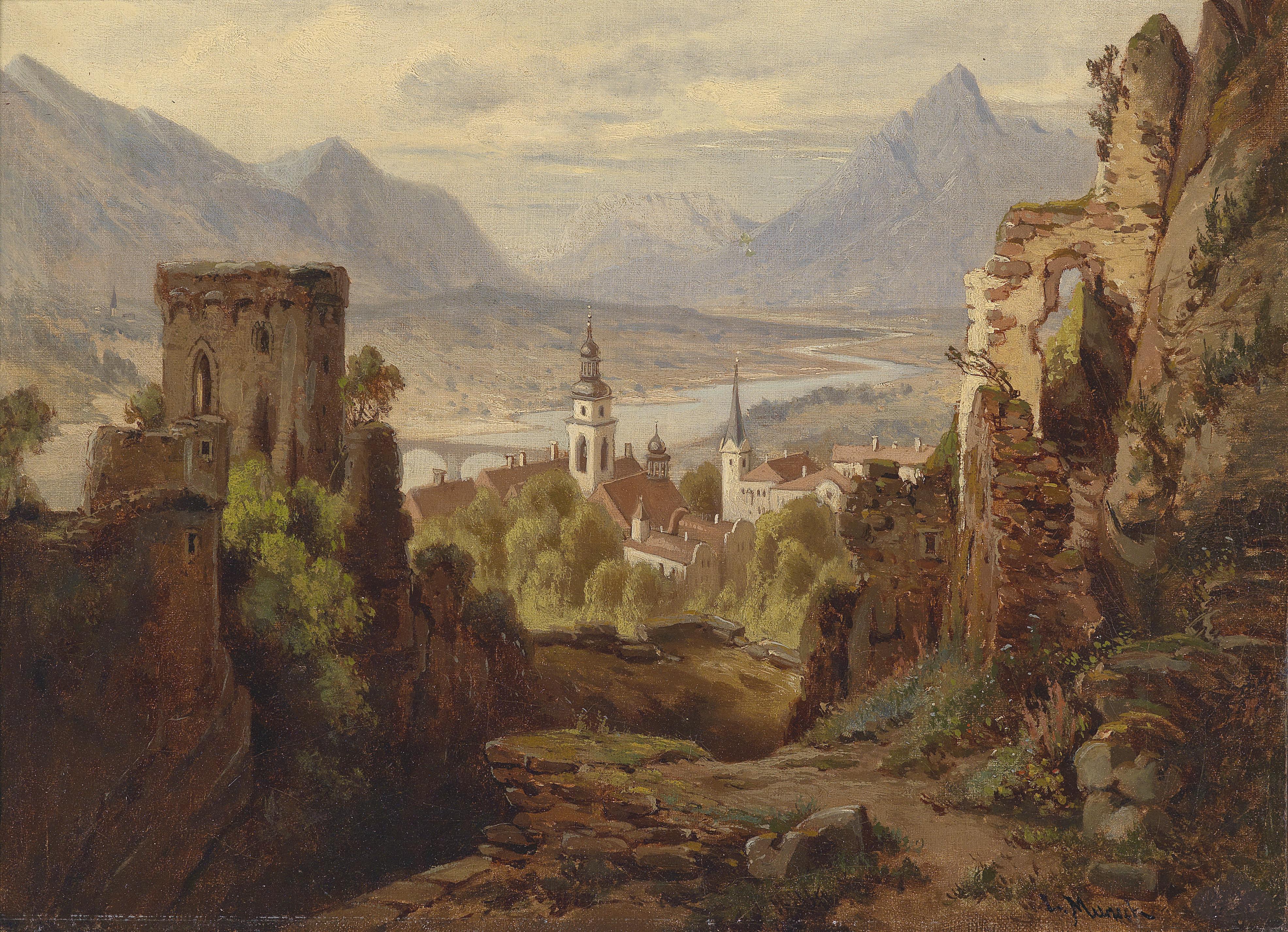 Leopold Munsch Landscape City Medieval Church Lake Mountains Painting Ruins Austria 3943x2856