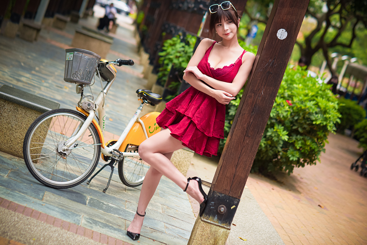 Women Model High Heels Asian Looking At Viewer Glasses Bicycle Red Dress Brunette Legs Women Outdoor 1280x854