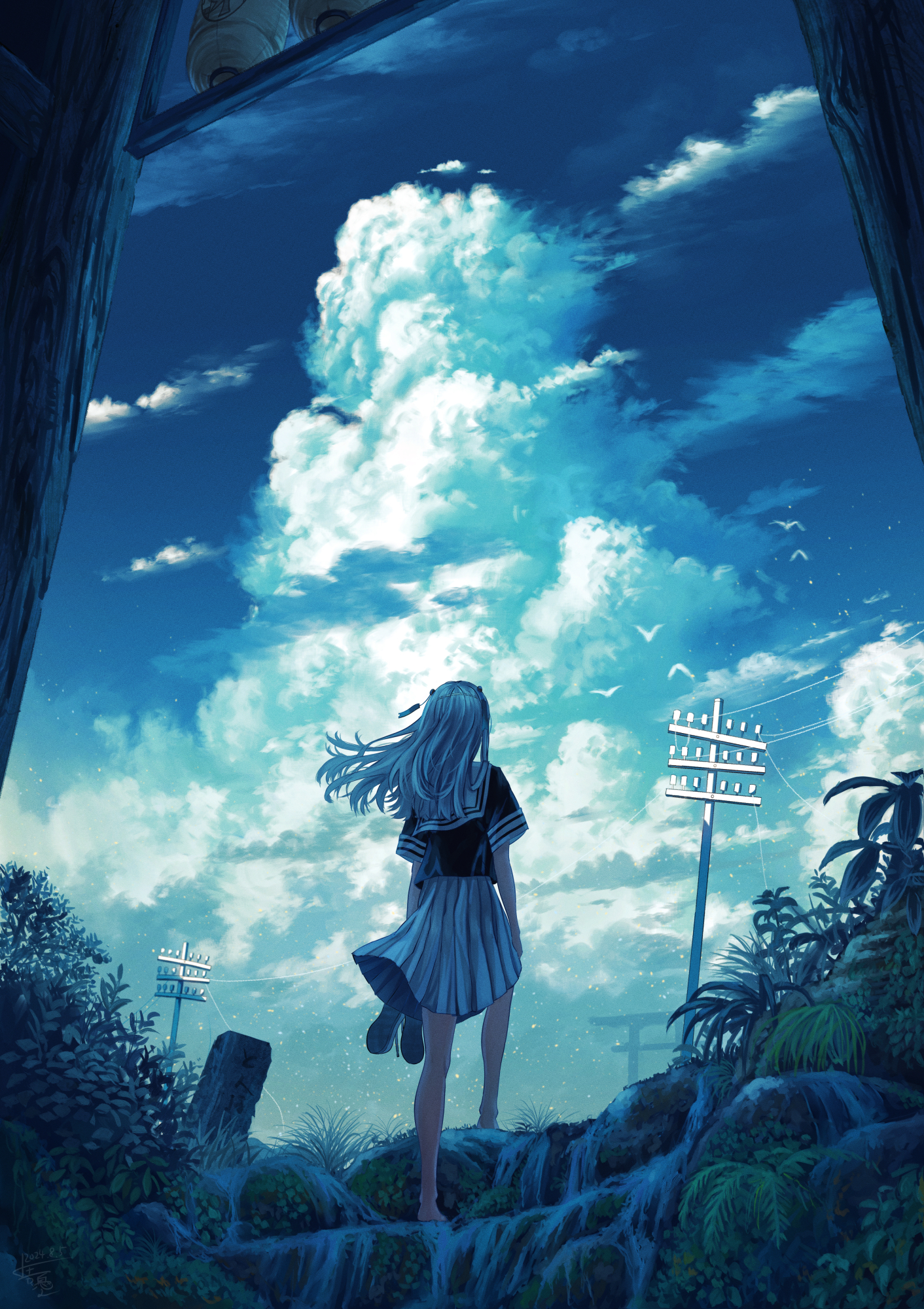 Shuu Illust Utility Pole Portrait Display Long Hair Schoolgirl School Uniform Power Lines Short Slee 1412x2000