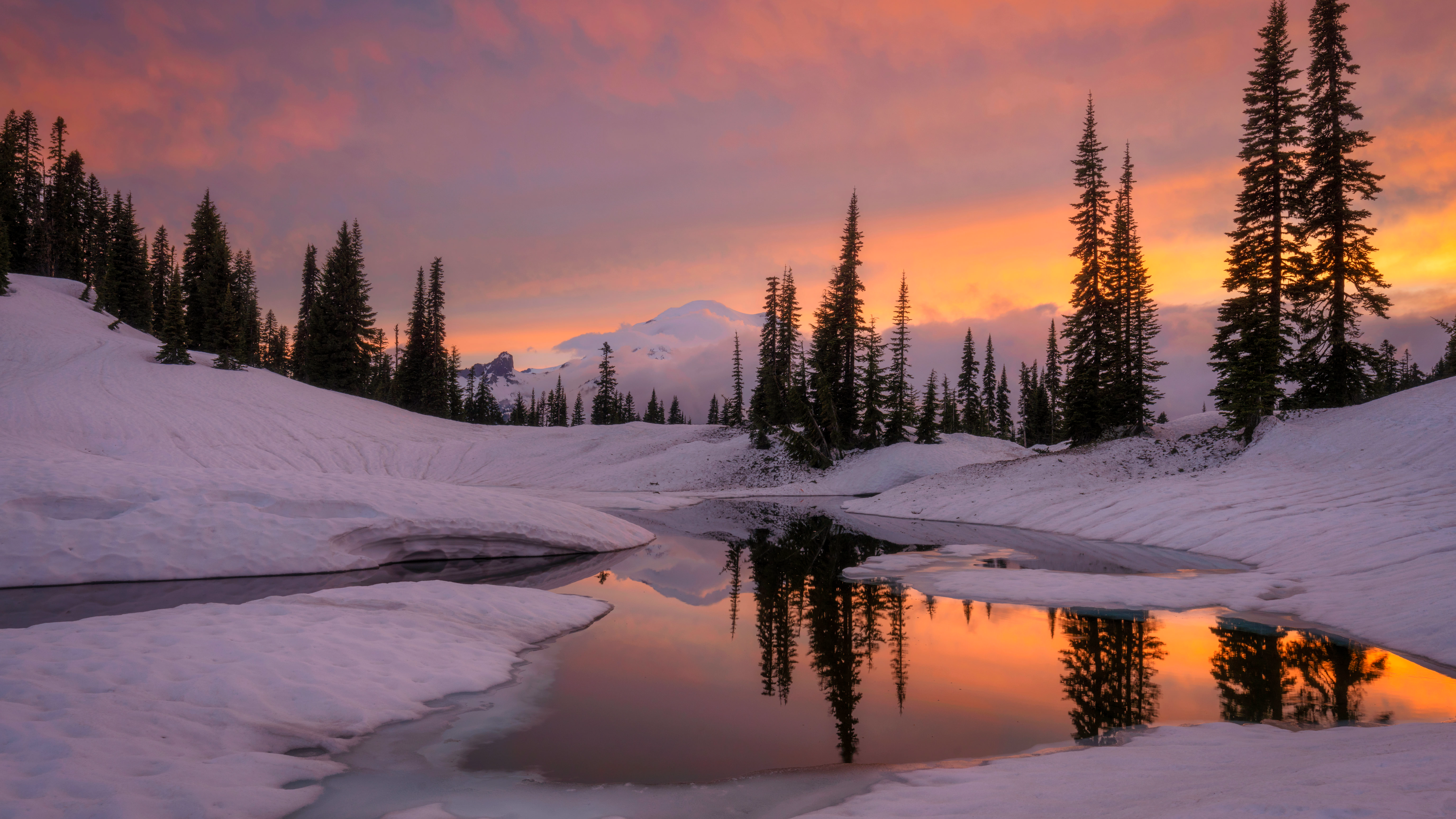 Nature Landscape Trees Sky Clouds Mountains Snow Water Sunrise Tipsoo Lake Washington State USA Erwi 3840x2160