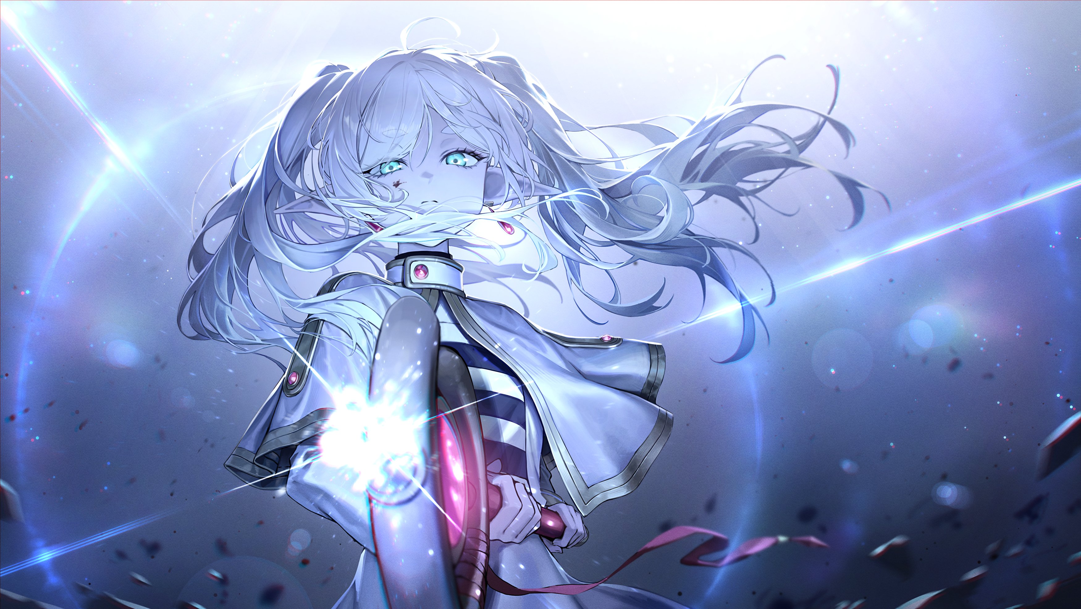 Frieren Sousou No Frieren Pointy Ears Elf Girl Blue Eyes White Hair Staff Earring Magic Looking At V 3500x1972