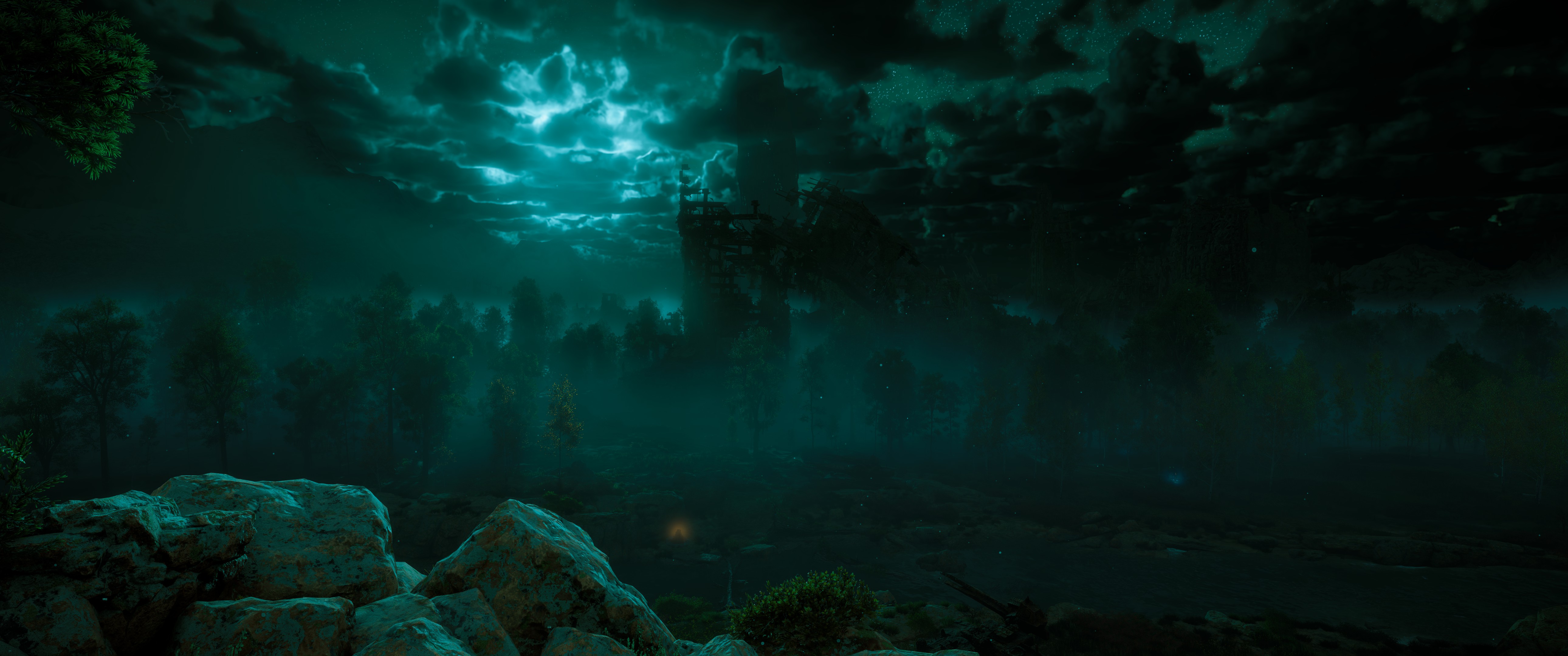 Horizon Zero Dawn Night Moonlight Mist Ruins Post Apocalypse Forest Video Games Digital Art Low Ligh 5160x2160