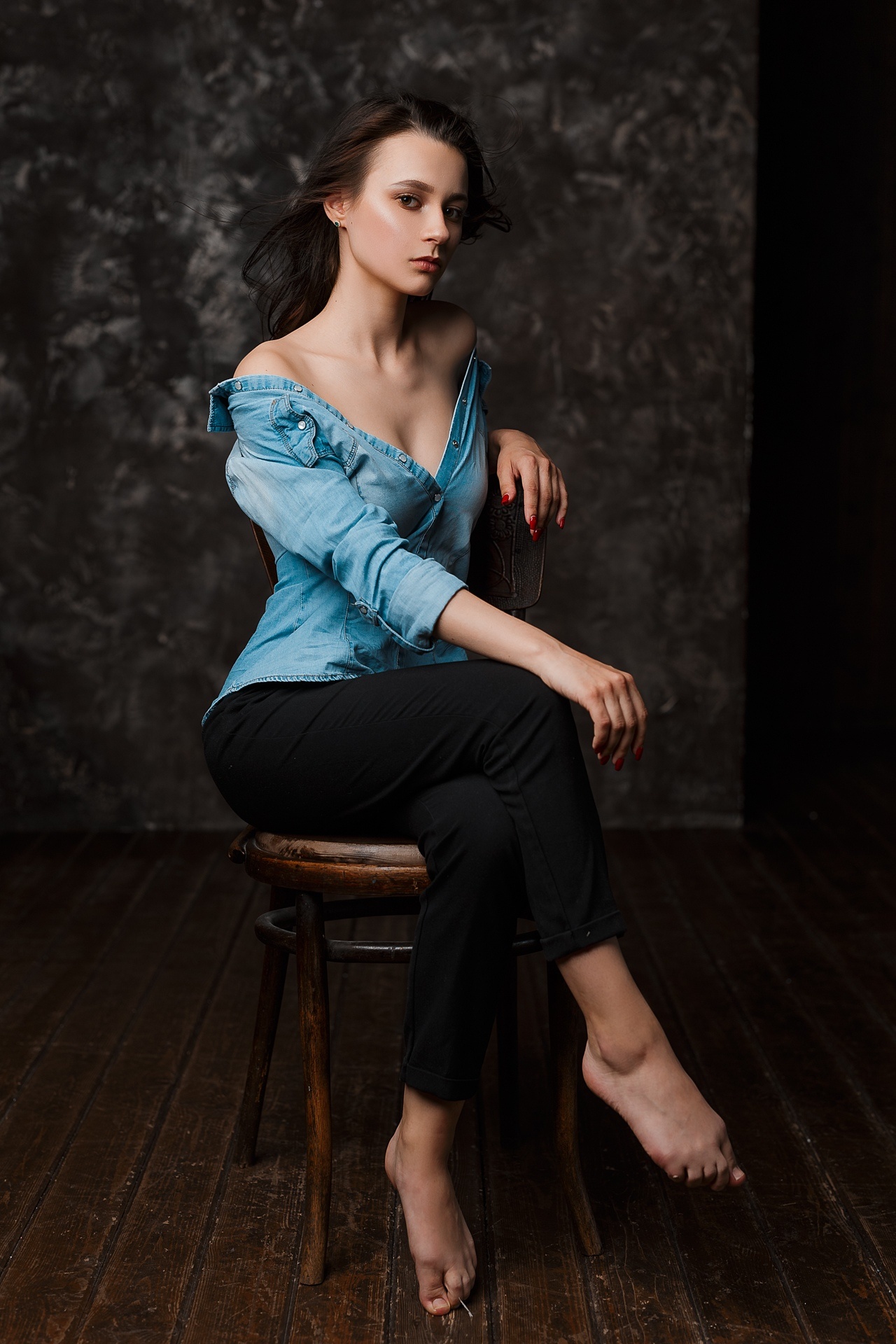 Pavel Ermakov Women Shirt Barefoot Legs Crossed Chair Bare Shoulders Model Brunette Denim Shirt Unbu 1280x1920