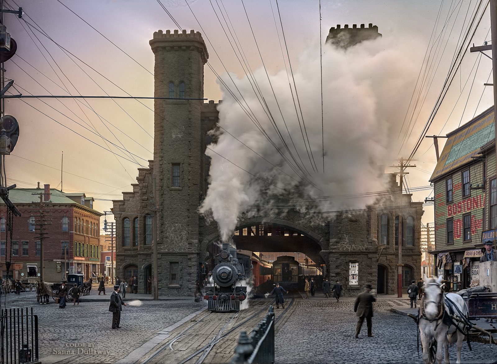 Building Urban City Colorized Photos Tower Old Photos Street Steam Locomotive Horse People Boston US 1600x1173