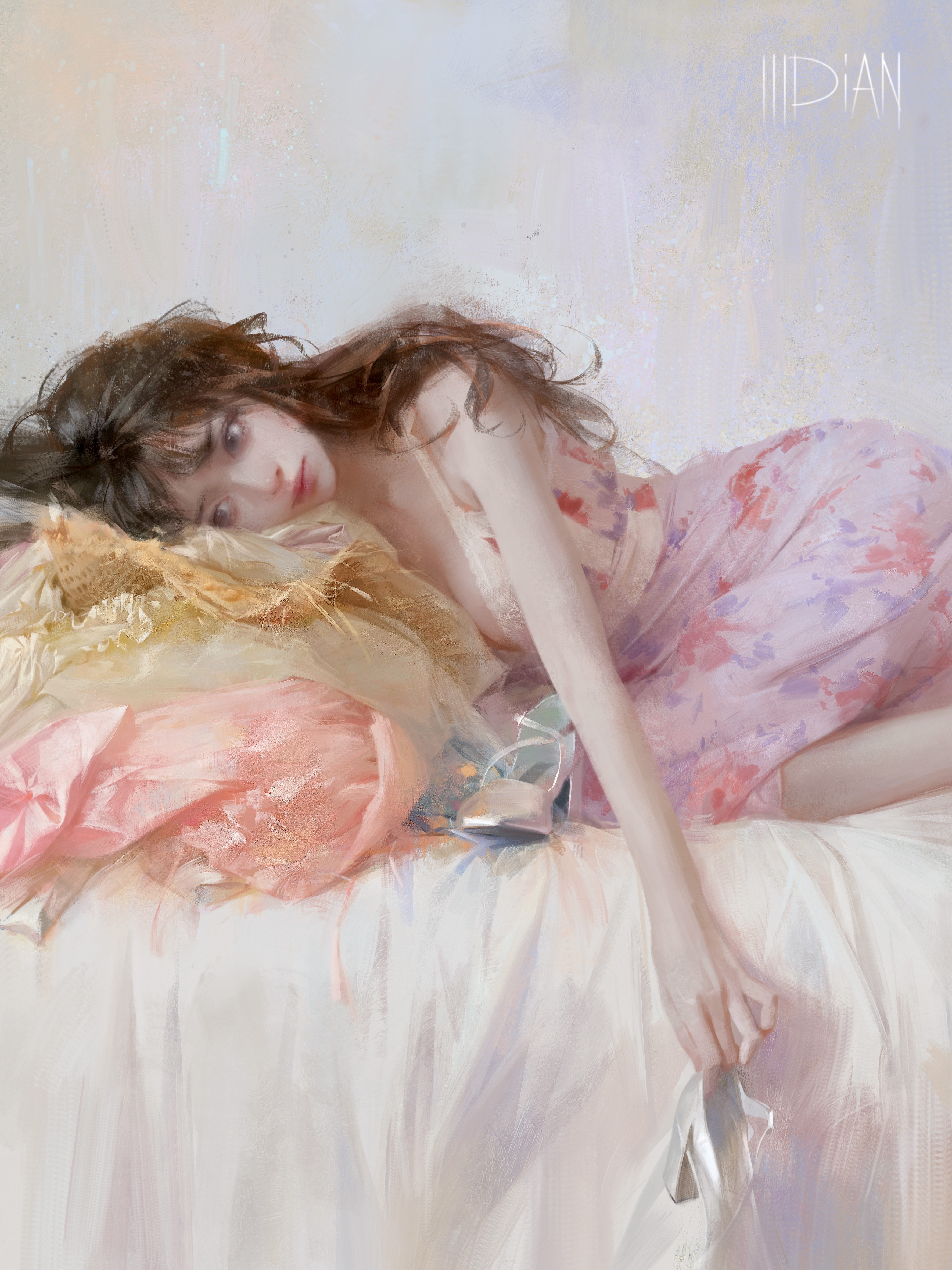 ILLDiAN Digital Art Artwork Illustration Painting Women Long Hair Dark Hair Lying Down Portrait Bed  3543x4724