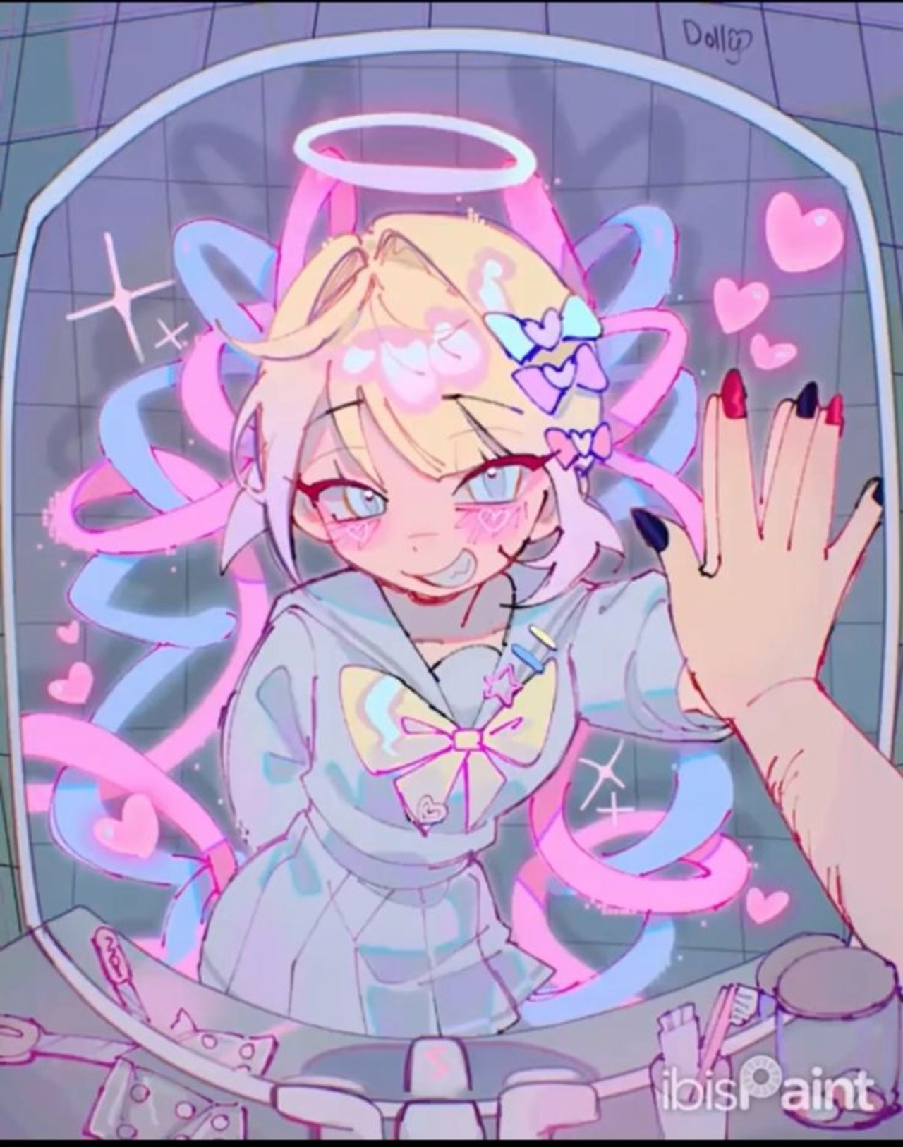 NEEDY GiRL OVERDOSE Ame Chan Pink Mirror Video Game Art Drawing Yellow Bow Red Black Hands Blonde Pi 1280x1627