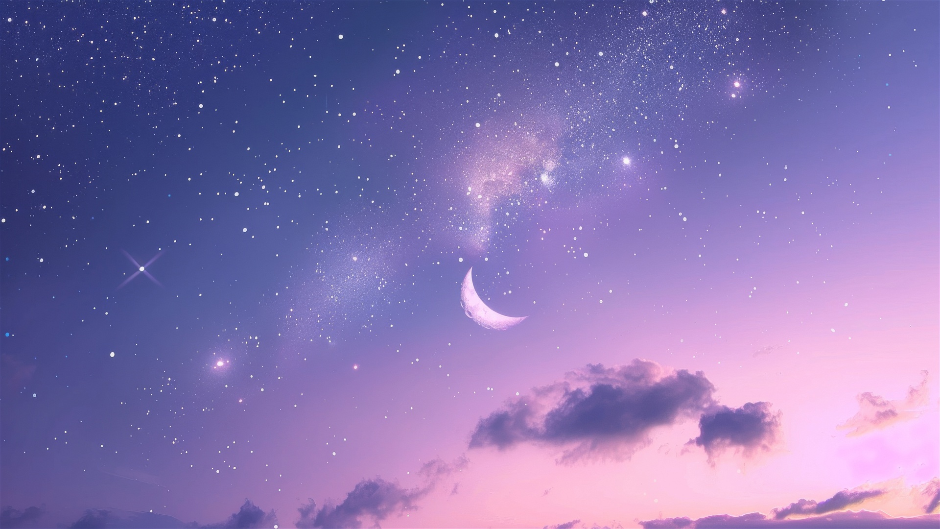 Moon Sky Night Purple Crescent Moon Clouds Stars Pink White 1920x1080
