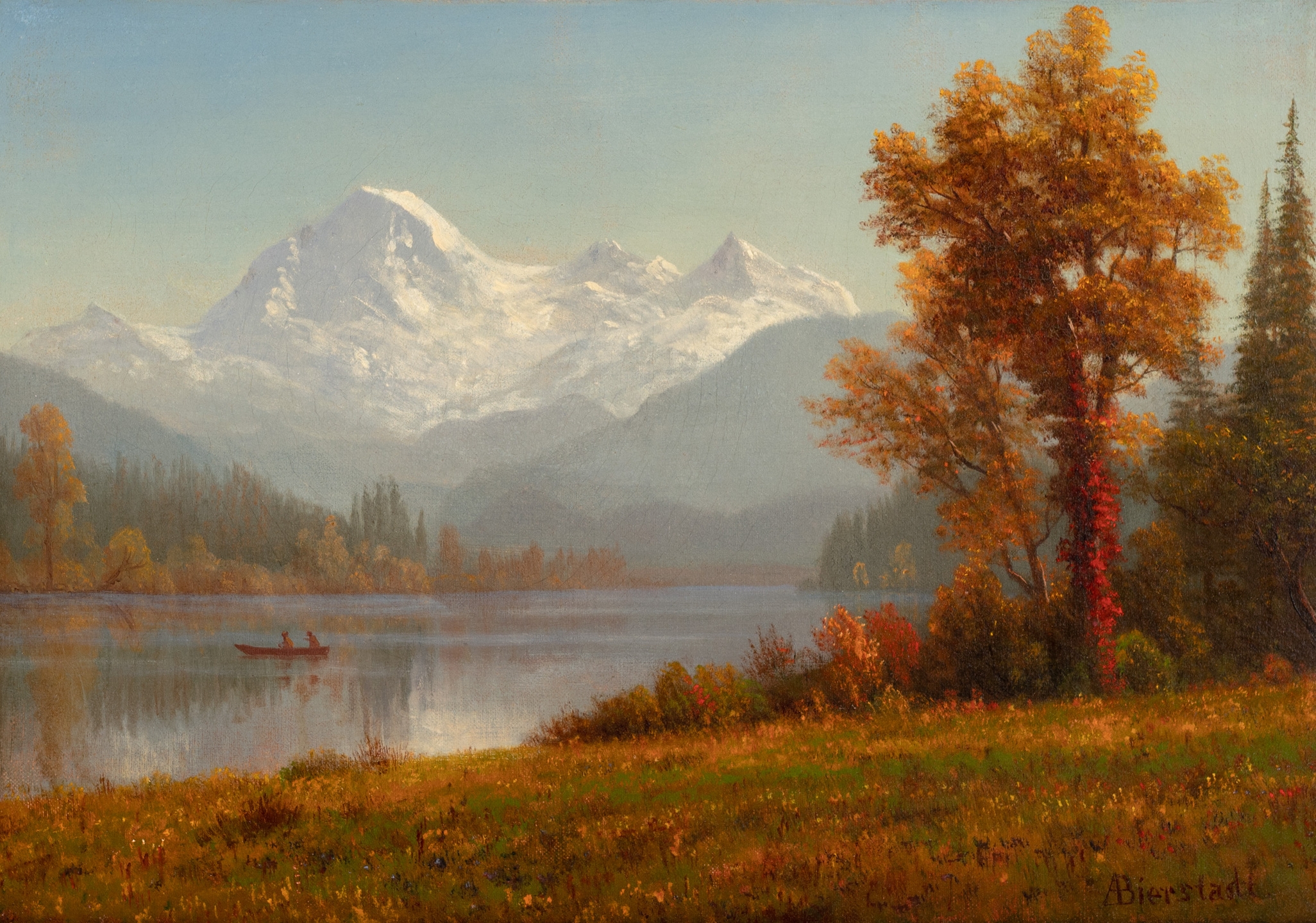 Painting Albert Bierstadt Mountains Trees Lake Snowy Peak Nature Fall Boat Landscape 2052x1440