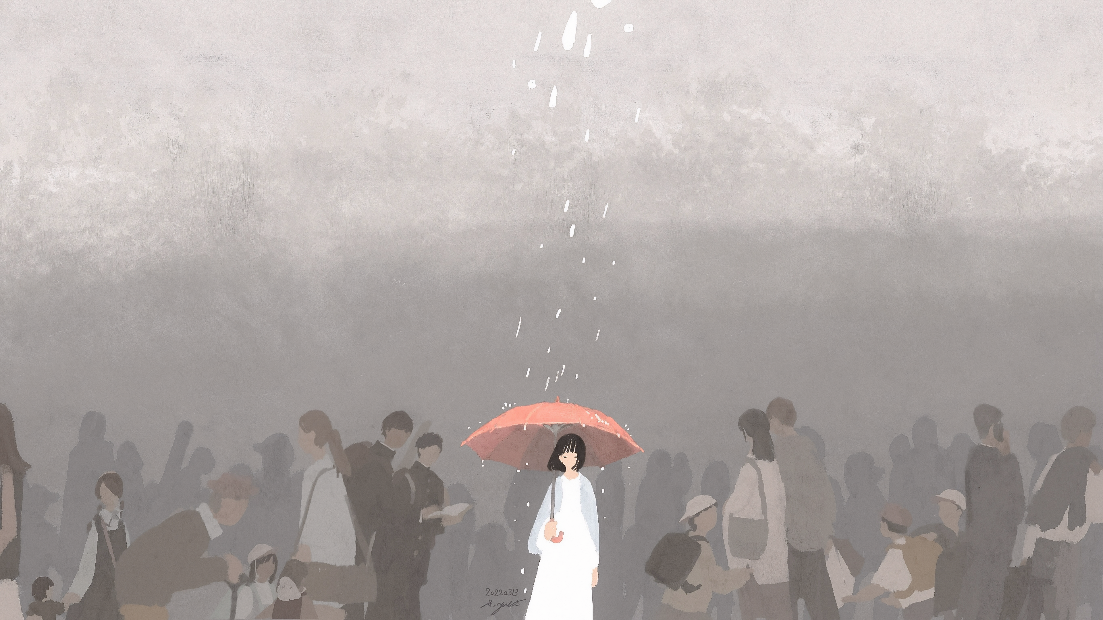 Satozaki Yuki Rain Umbrella Digital Art Artwork Loneliness Alone Gloomy 3840x2160