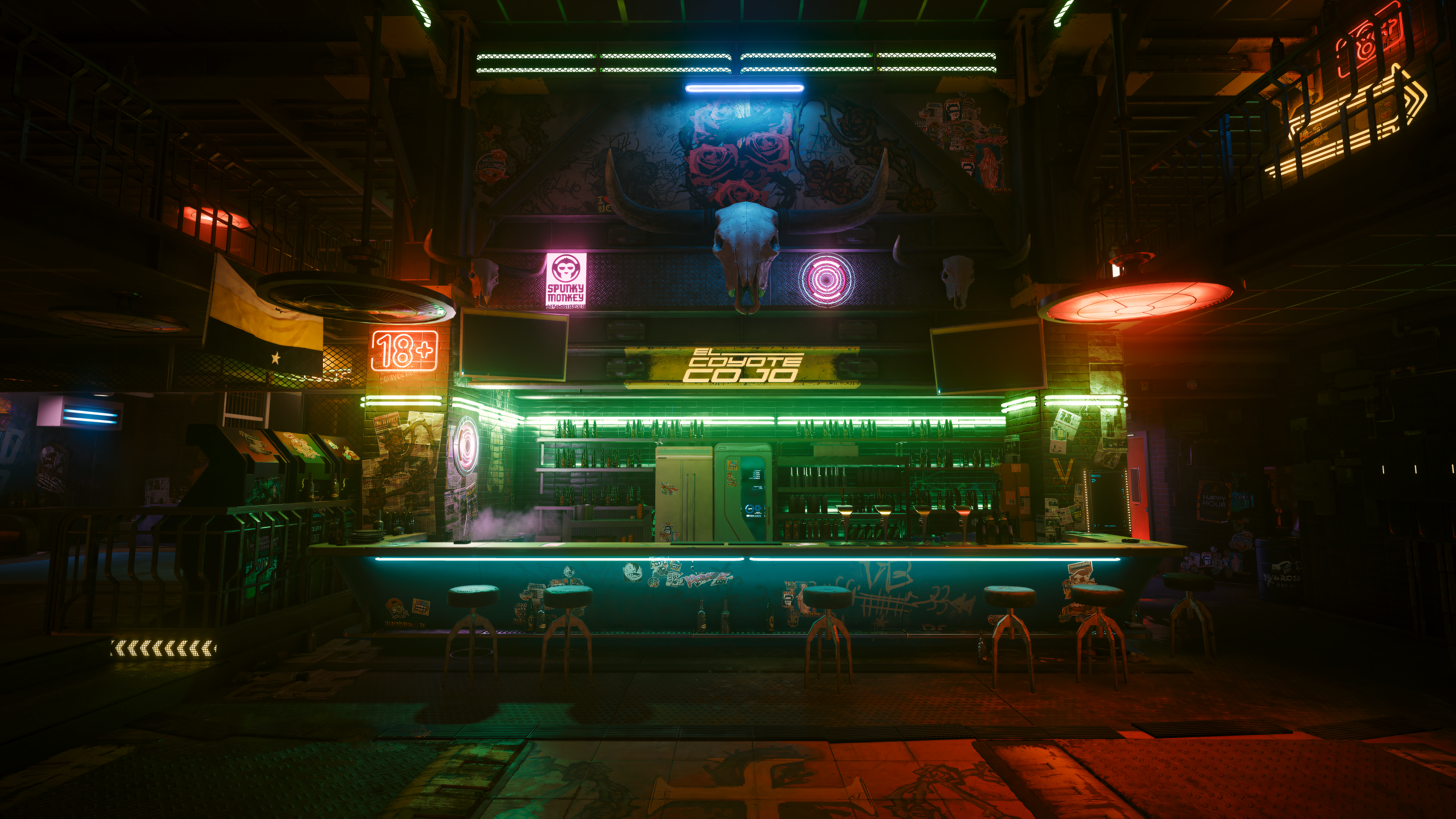 Skull Neon Lights Green Blue Pink Red Bar Chair Lamp Bottles Video Game Art Cyberpunk 2077 Fictional 3840x2160