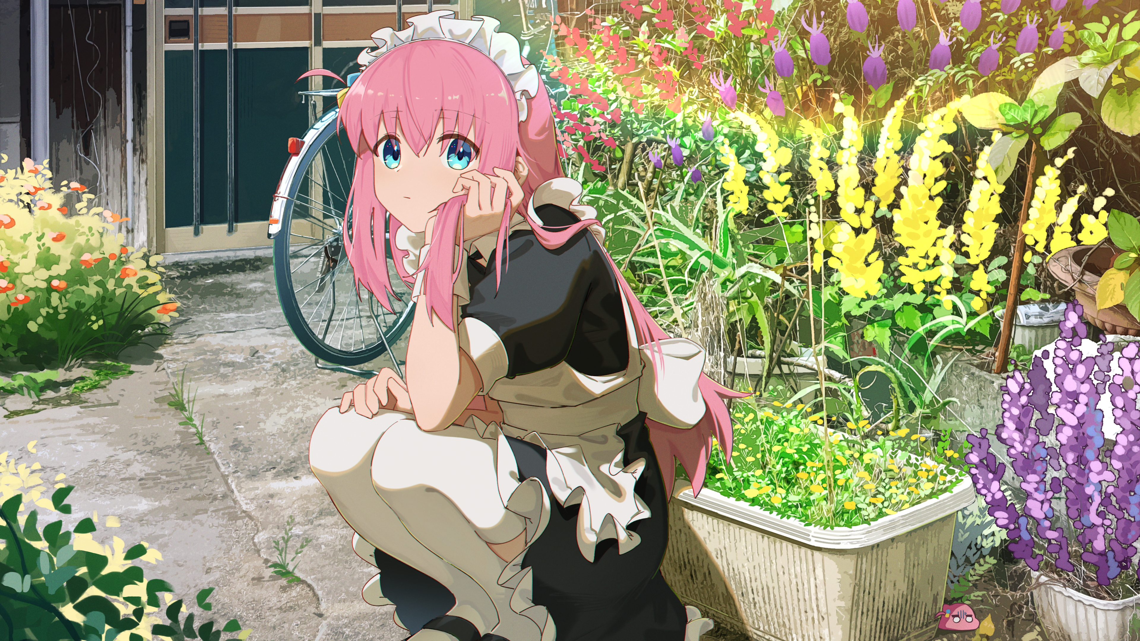 Anime Anime Girls BOCCHi THE ROCK Pink Hair Sitting Flowers Bicycle 3840x2160