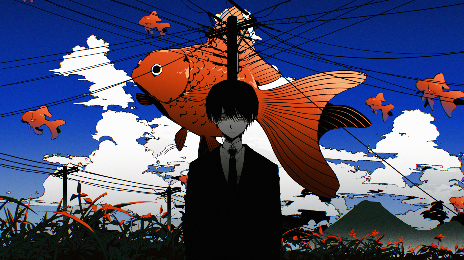 Anime Boys Frontal View Black Suit Utility Pole Looking At Viewer Sky Clouds Closed Mouth Black Hair 1500x840