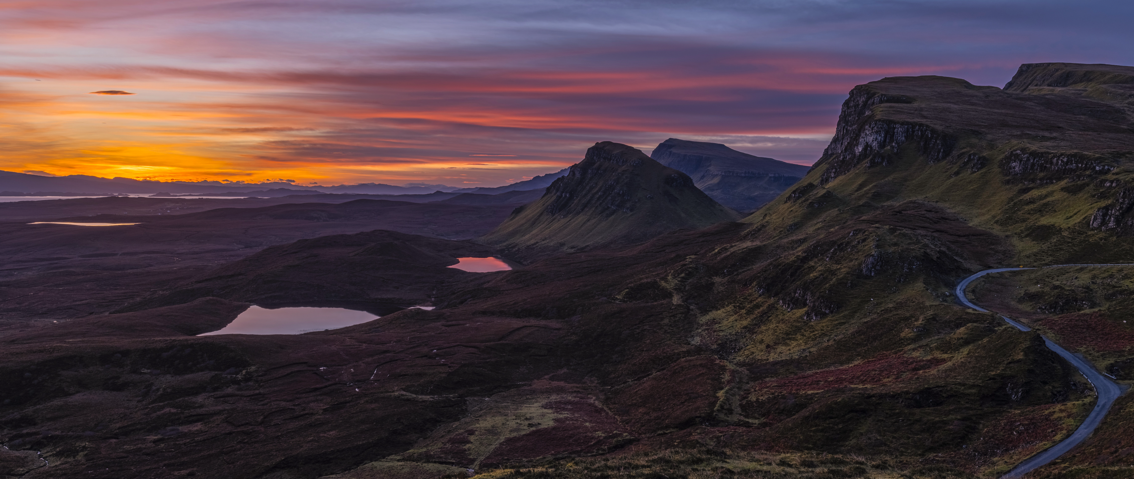 Nature Landscape Mountains Sunset Pond Road Grass Far View Sky Clouds Sunrise Mist The Quiraing Scot 4500x1900