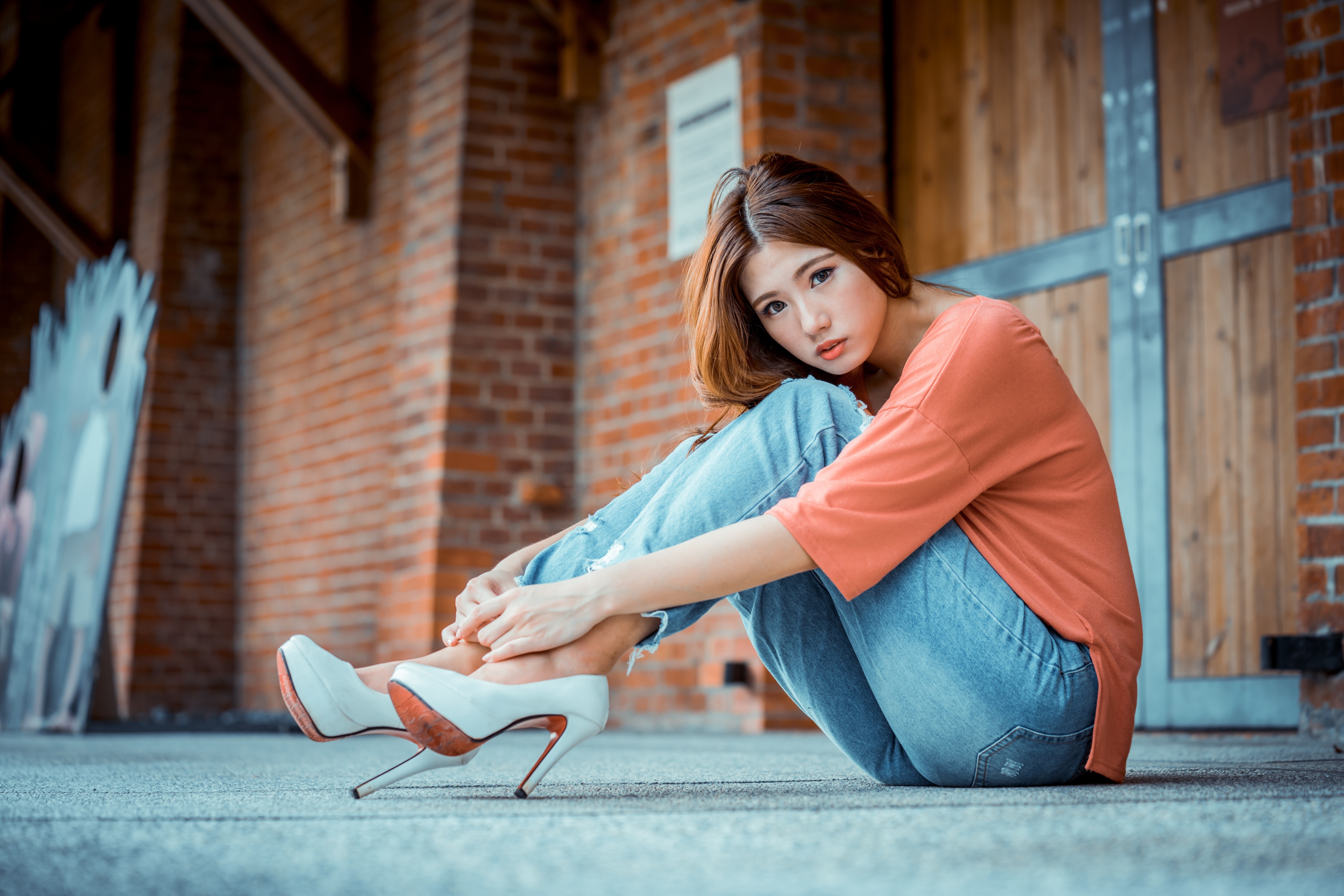 Model Red Lipstick Asian Orange Tops Jeans High Heels Sitting On The Floor Women Outdoors 4500x3002